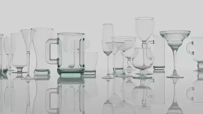 Glassware collection of 20 whole and broken glasses 3D model