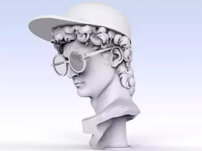 HEAD OF MICHELANGELO DAVID IN GLASSES AND A CAP