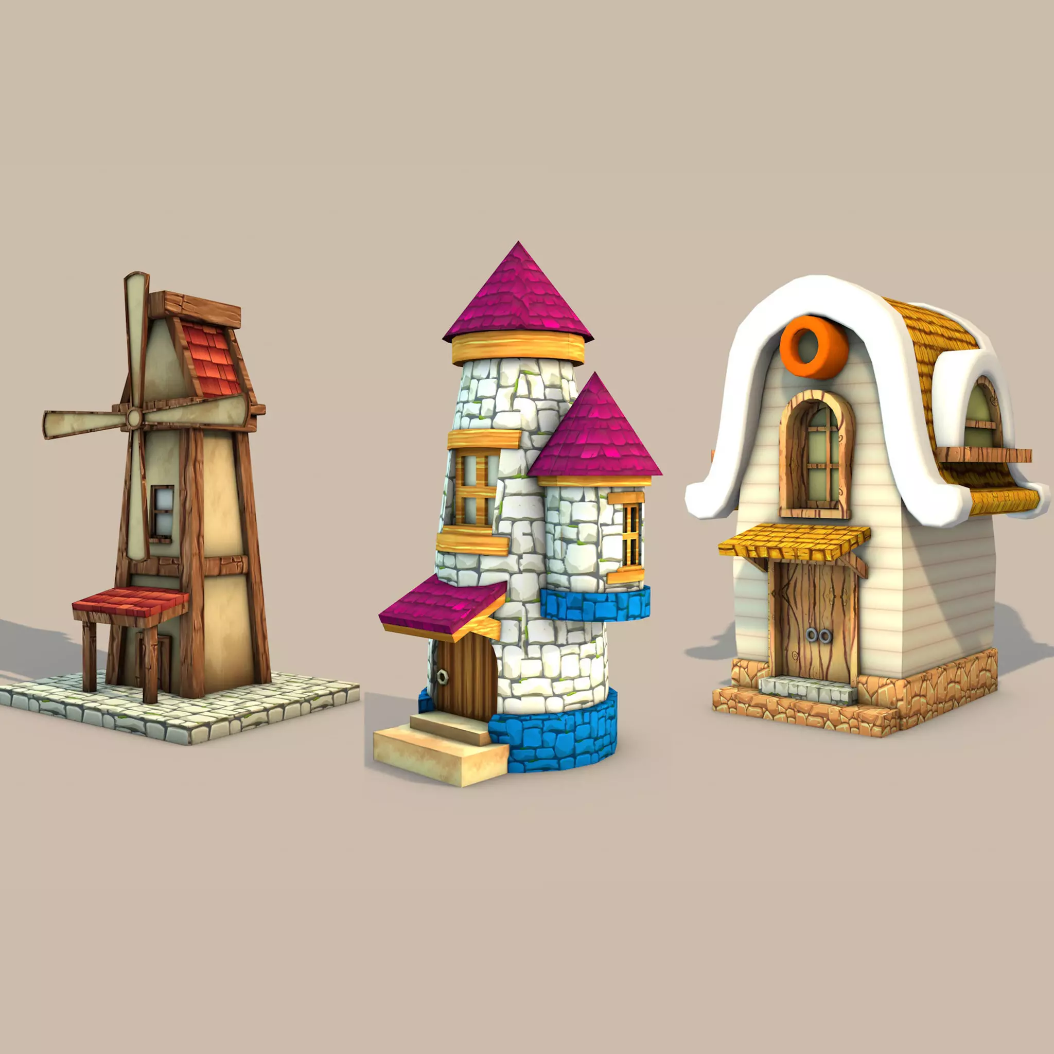 Cartoon Stylized Buildings 3D Model Collection_0