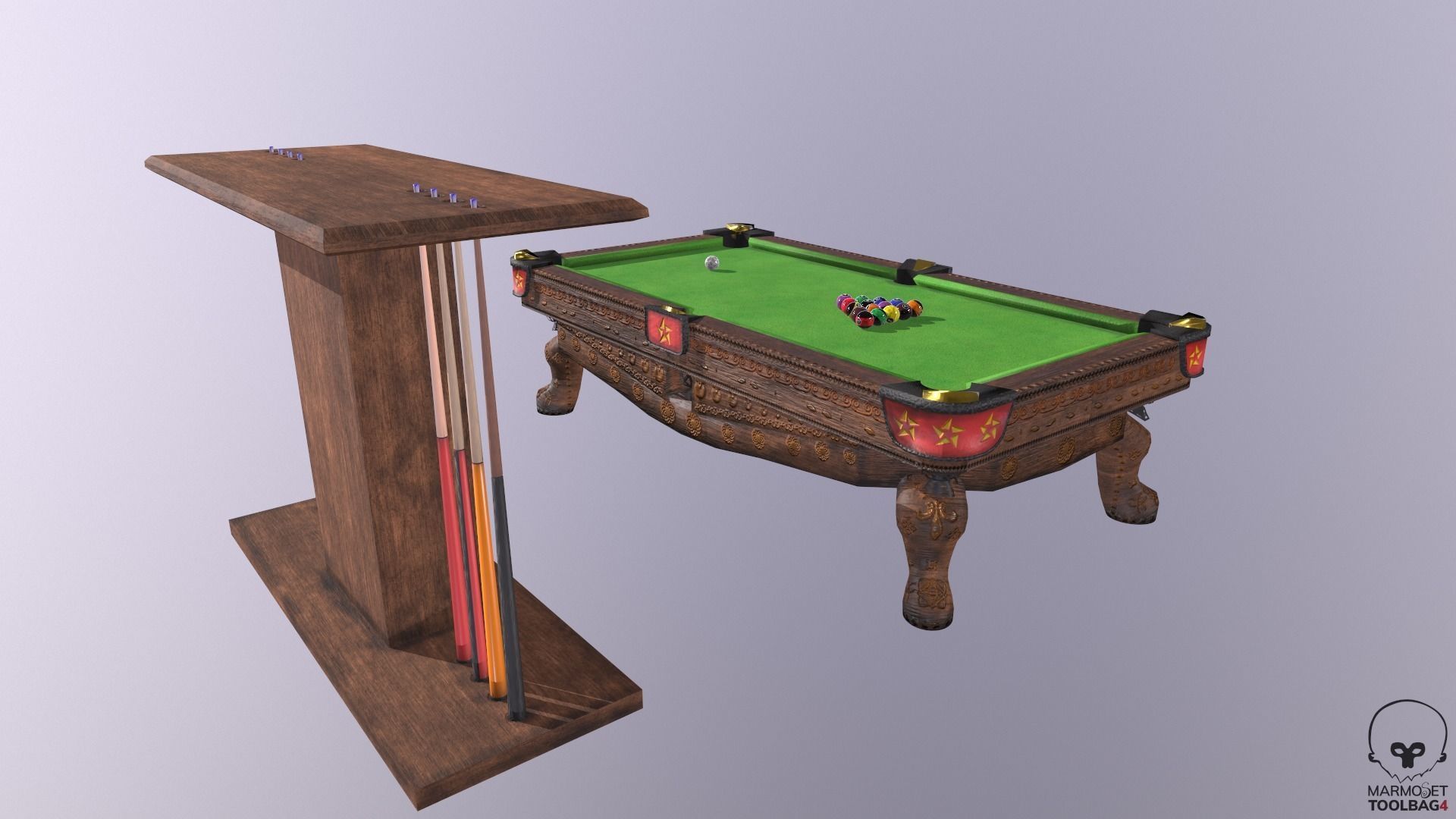 Billiards cue rack with four sticks Low-poly 3D model_13
