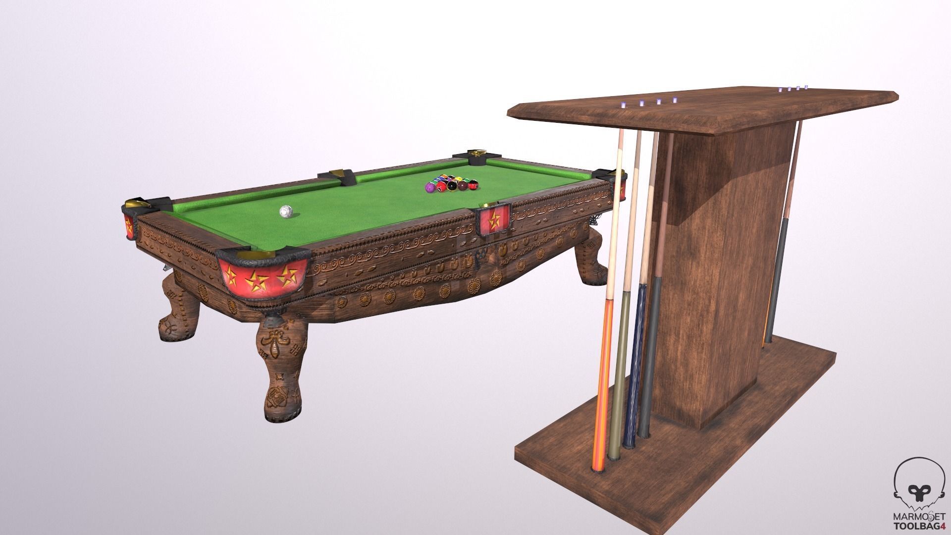 Billiards cue rack with four sticks Low-poly 3D model_12