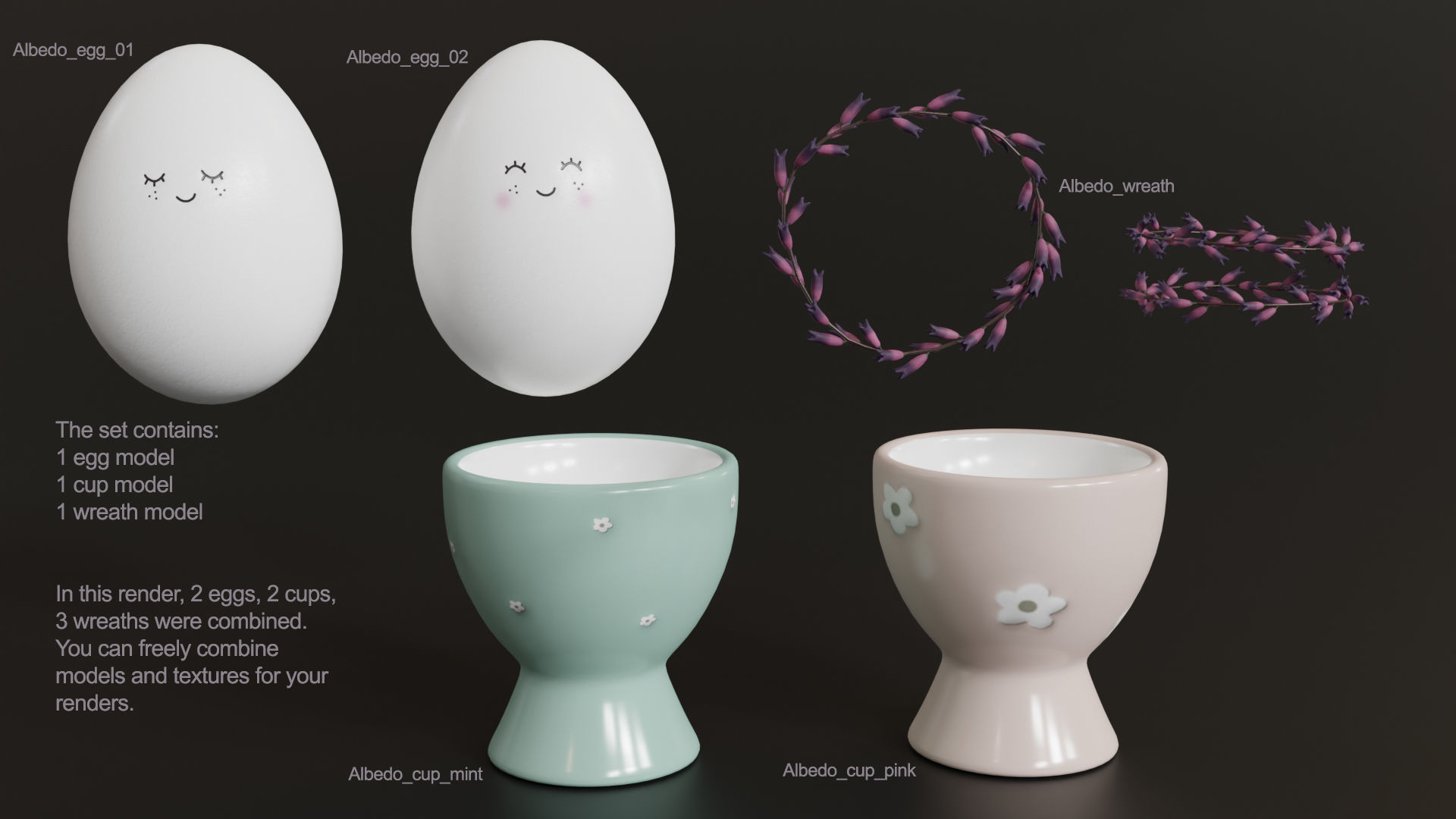 Cute Easter Eggs with Wreaths in Cups 3D model_7