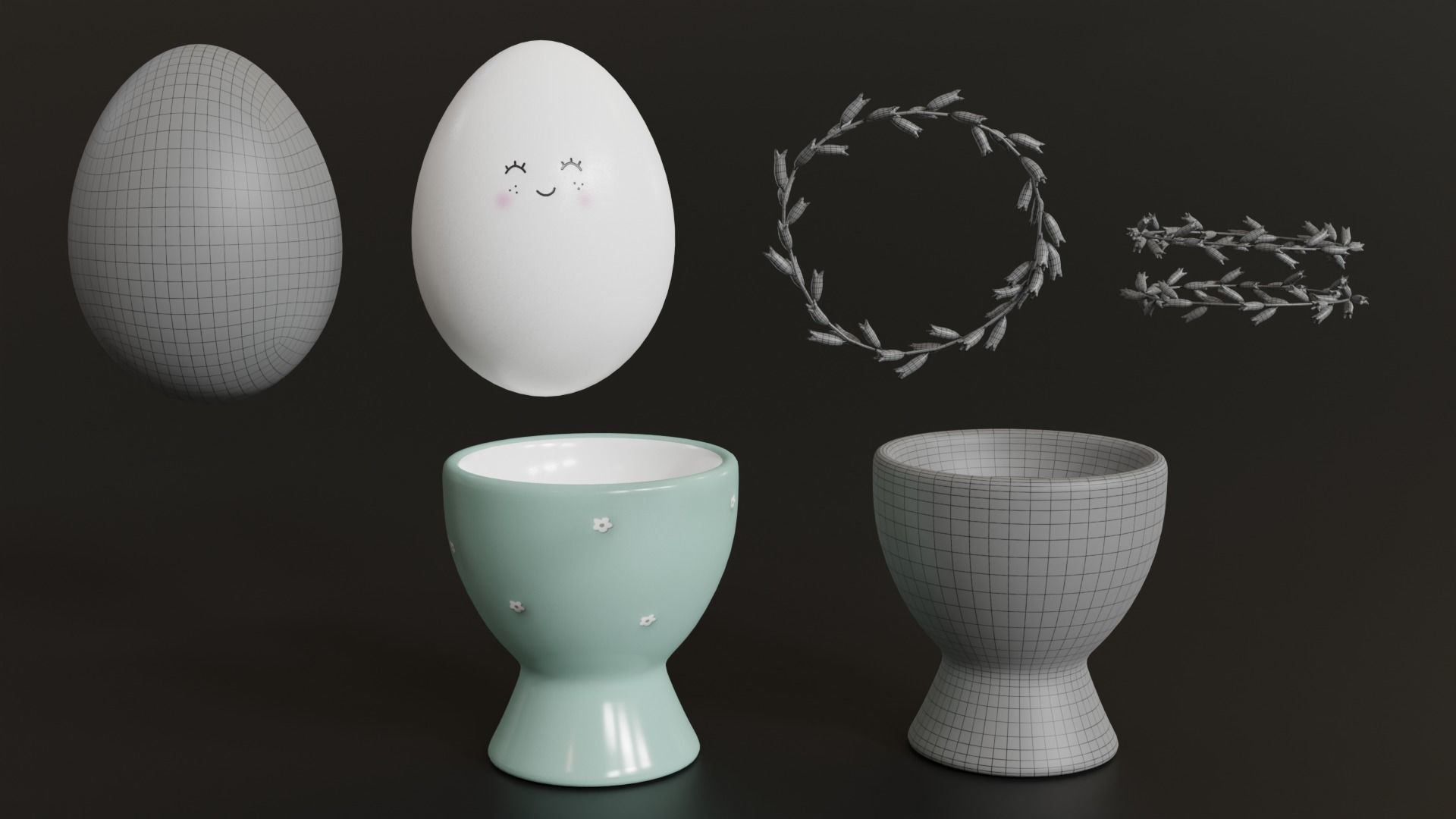 Cute Easter Eggs with Wreaths in Cups 3D model_6