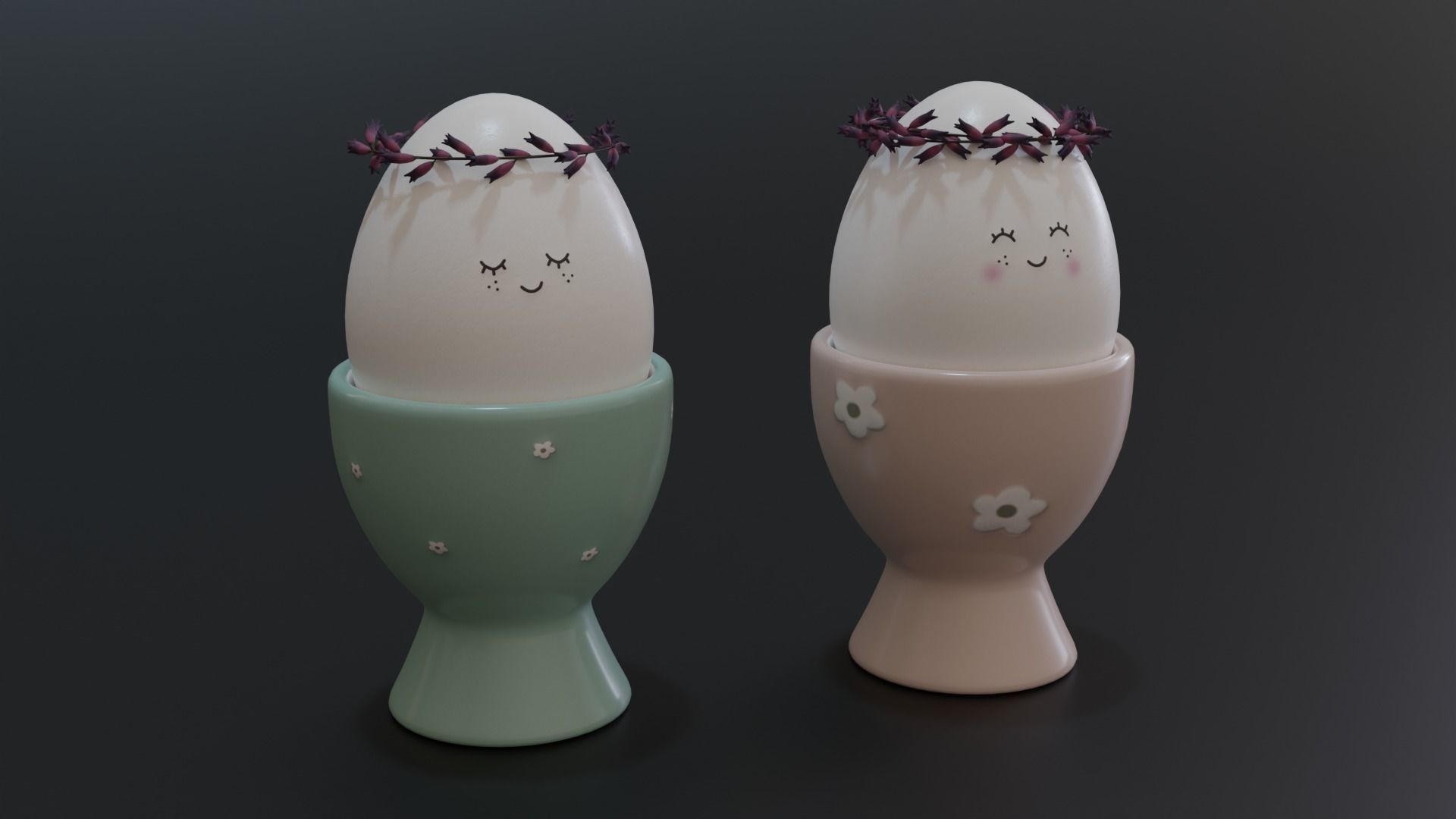 Cute Easter Eggs with Wreaths in Cups 3D model_1