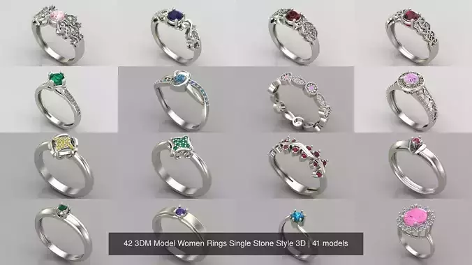 41 Files -  3DM Model Women Rings Single Stone Style 3D