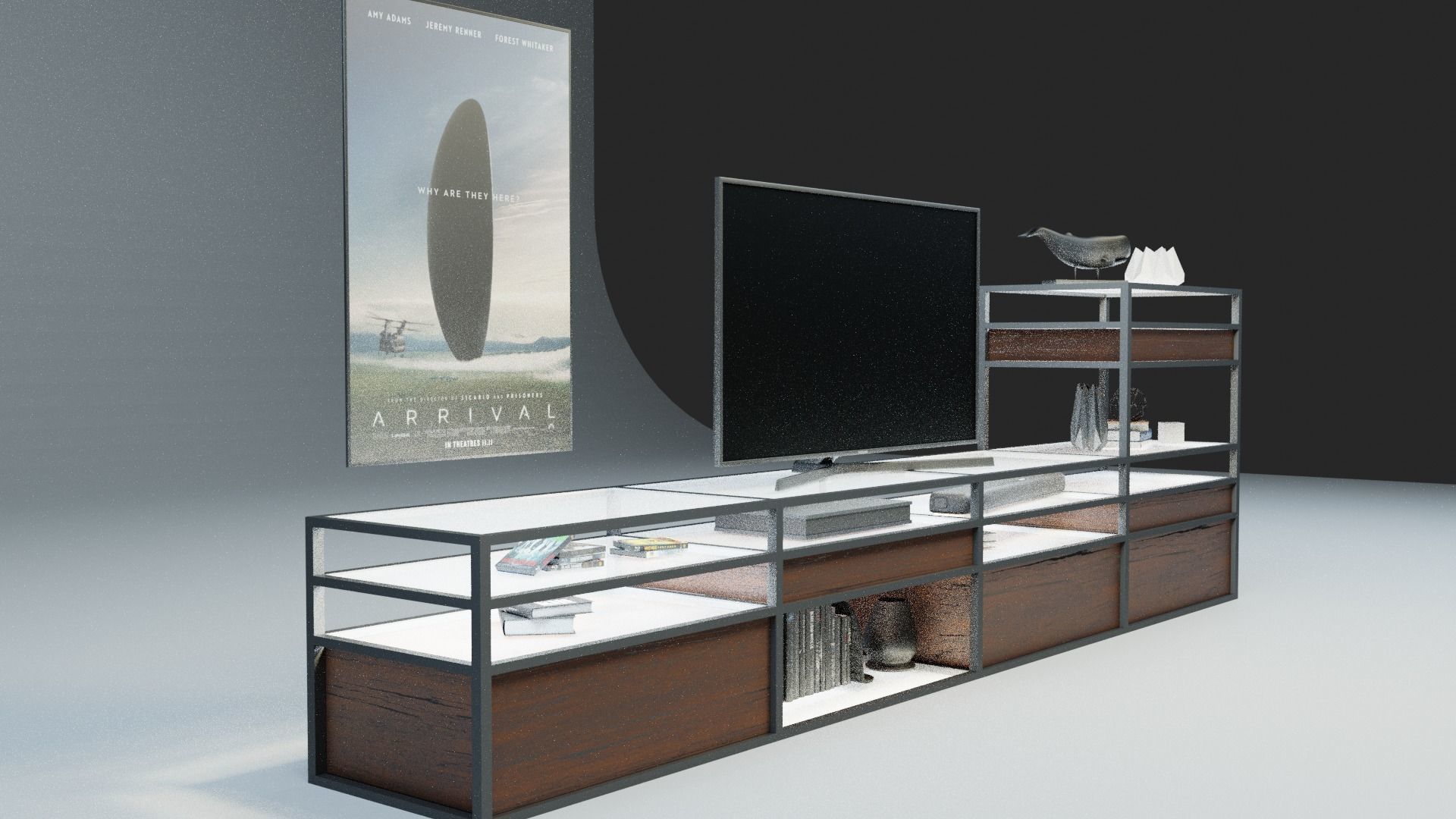 TV Set stand with shelves and surfboard Free 3D model_1