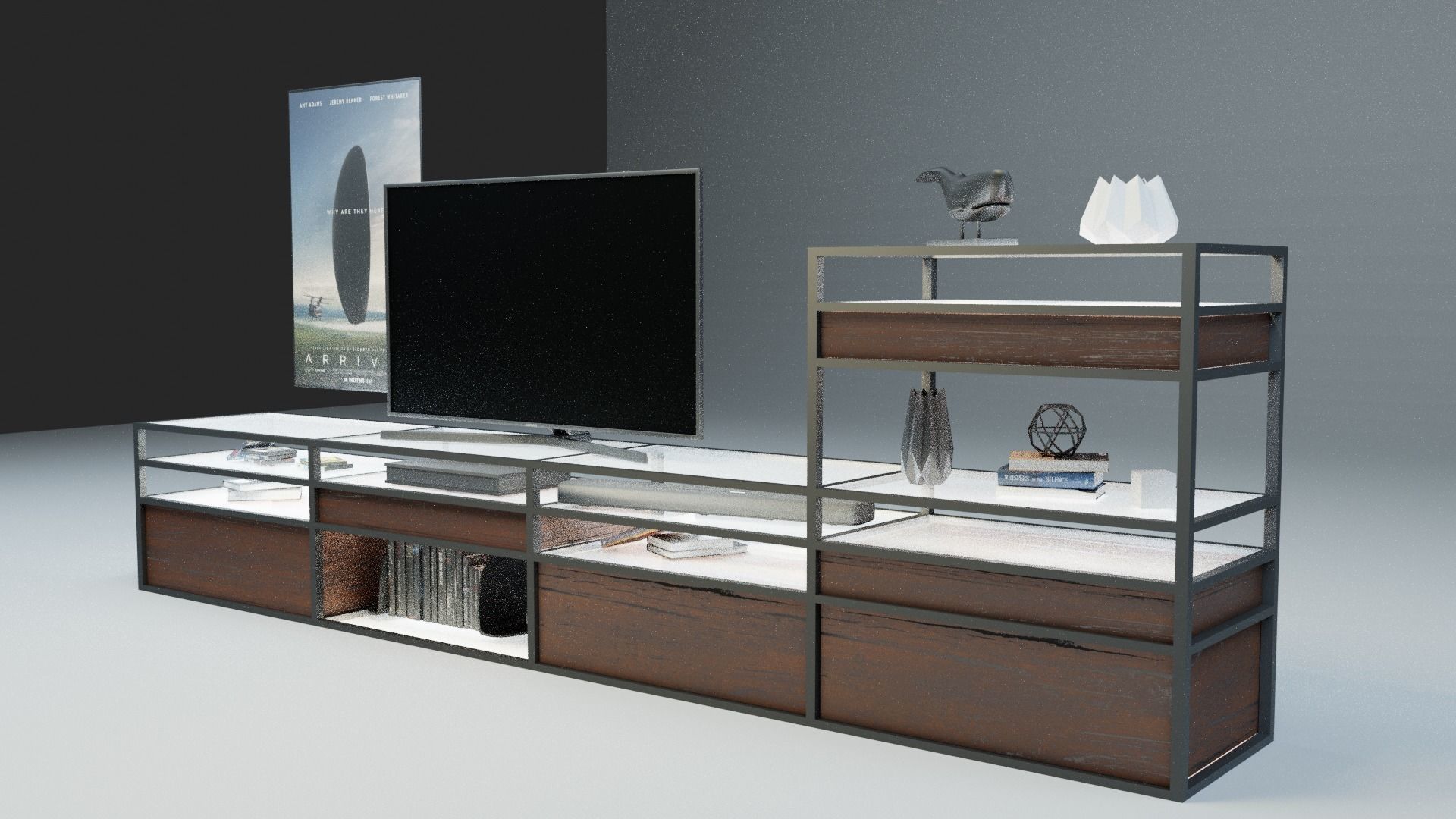 TV Set stand with shelves and surfboard Free 3D model_2