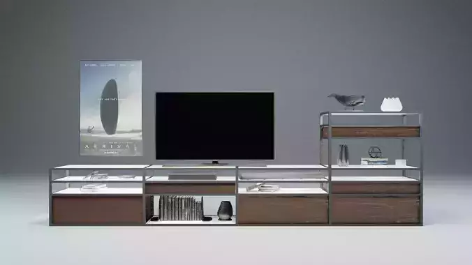 TV Set stand with shelves and surfboard