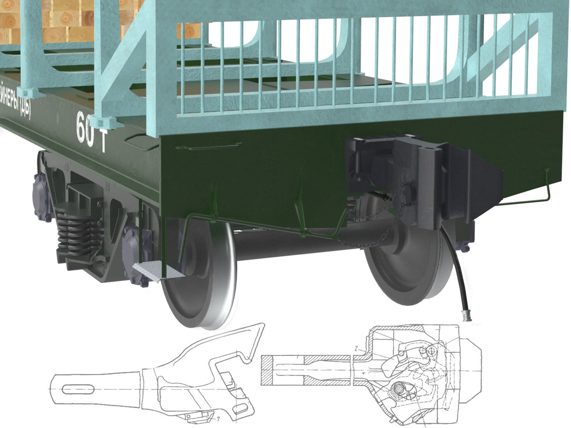  Transport Flat Car Load of Wood 3D model_8