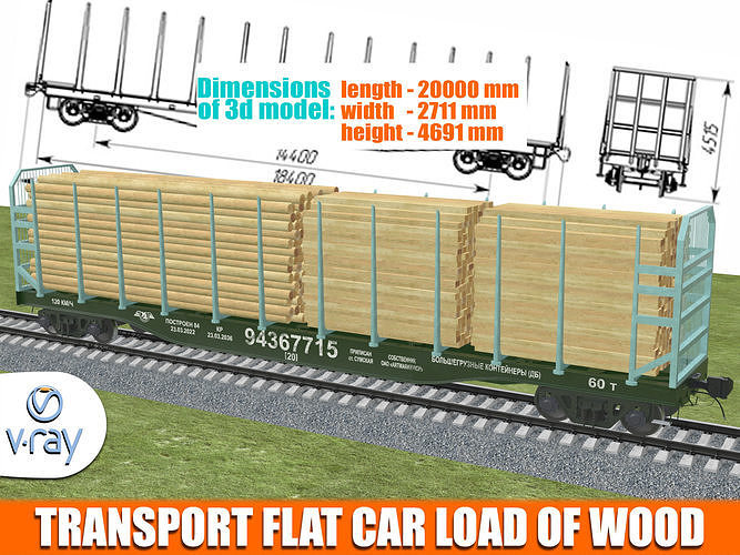 Transport Flat Car Load of Wood 3D model