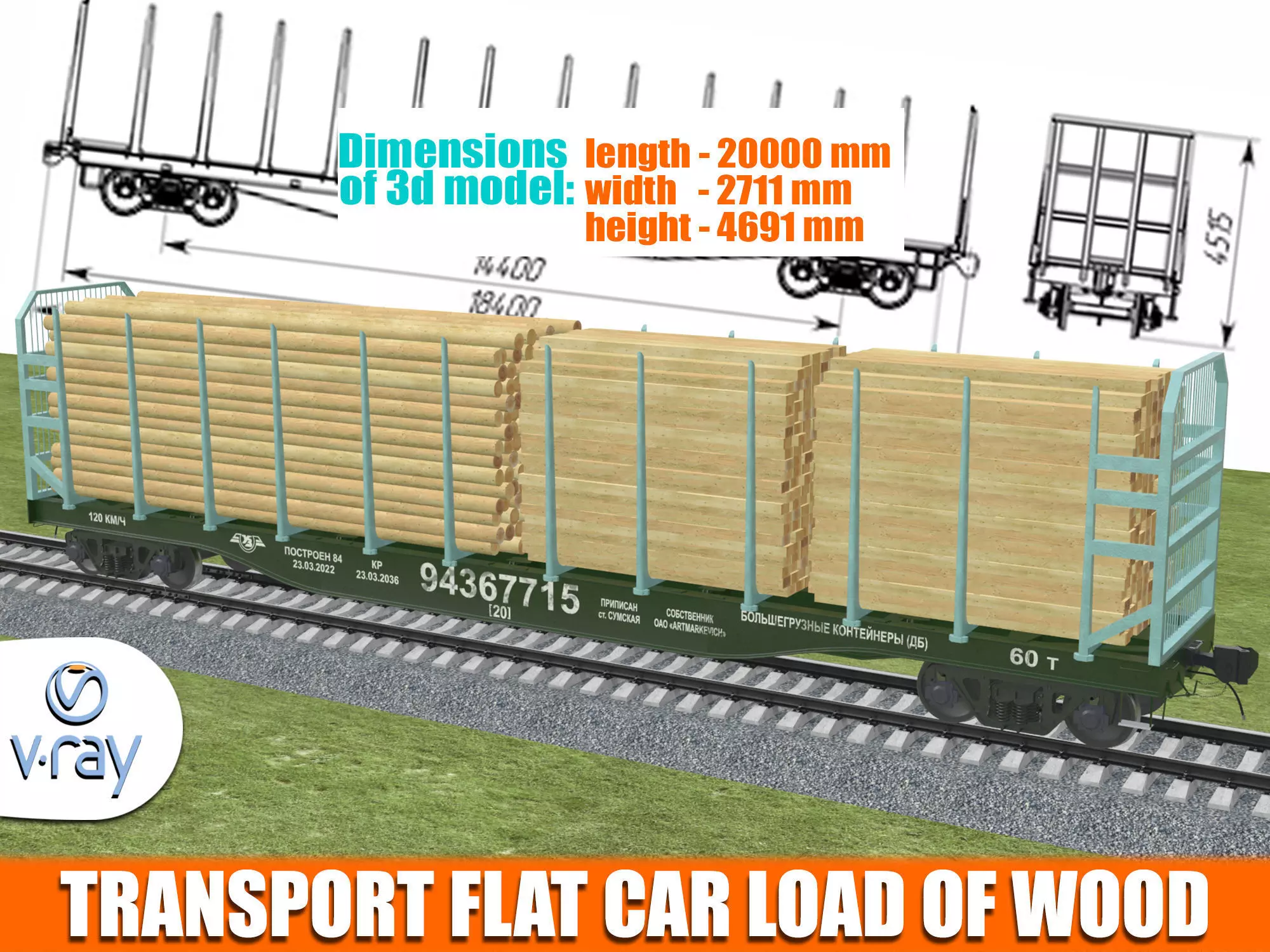  Transport Flat Car Load of Wood 3D model_0