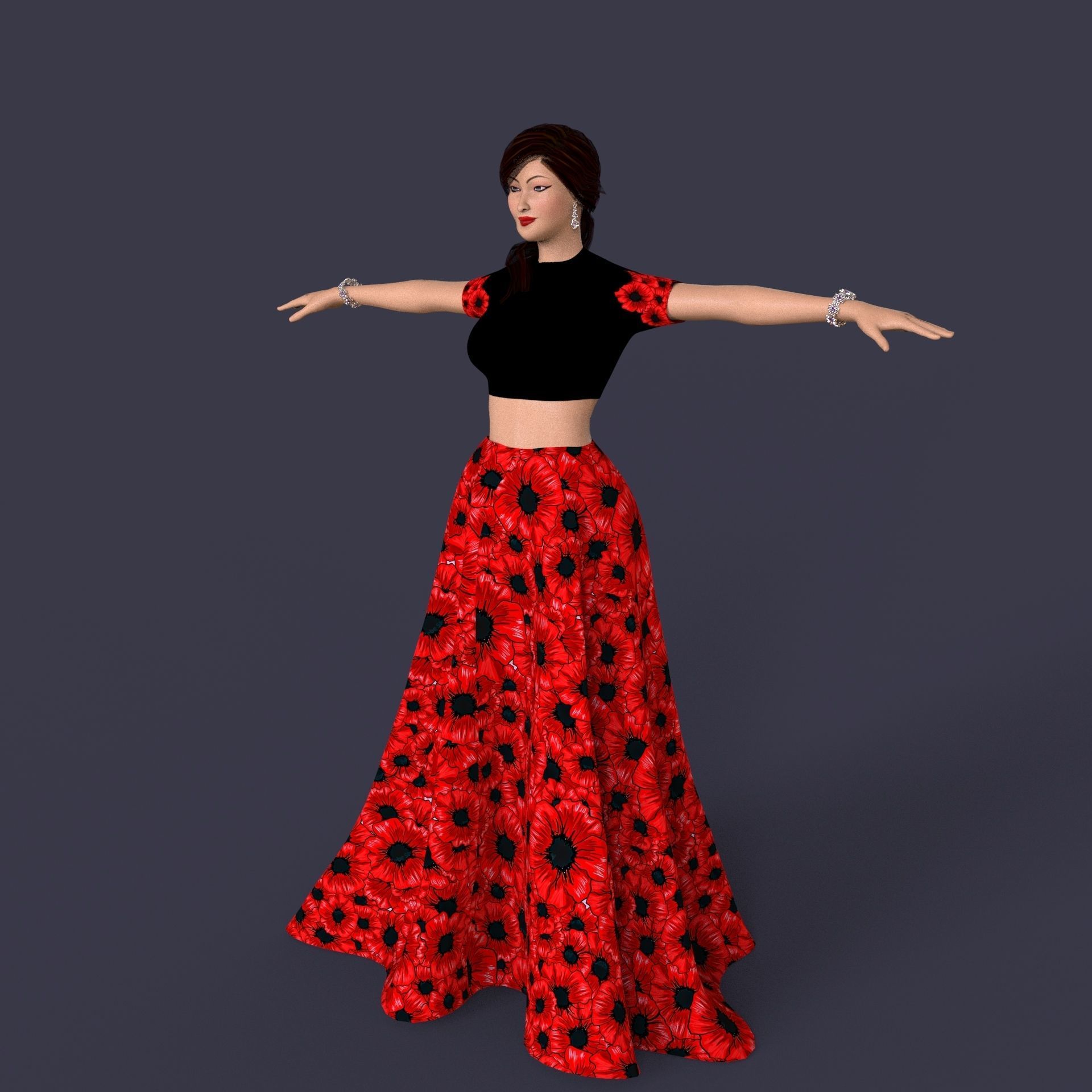 Indian Dress Women Rigged Low-poly 3D model_2