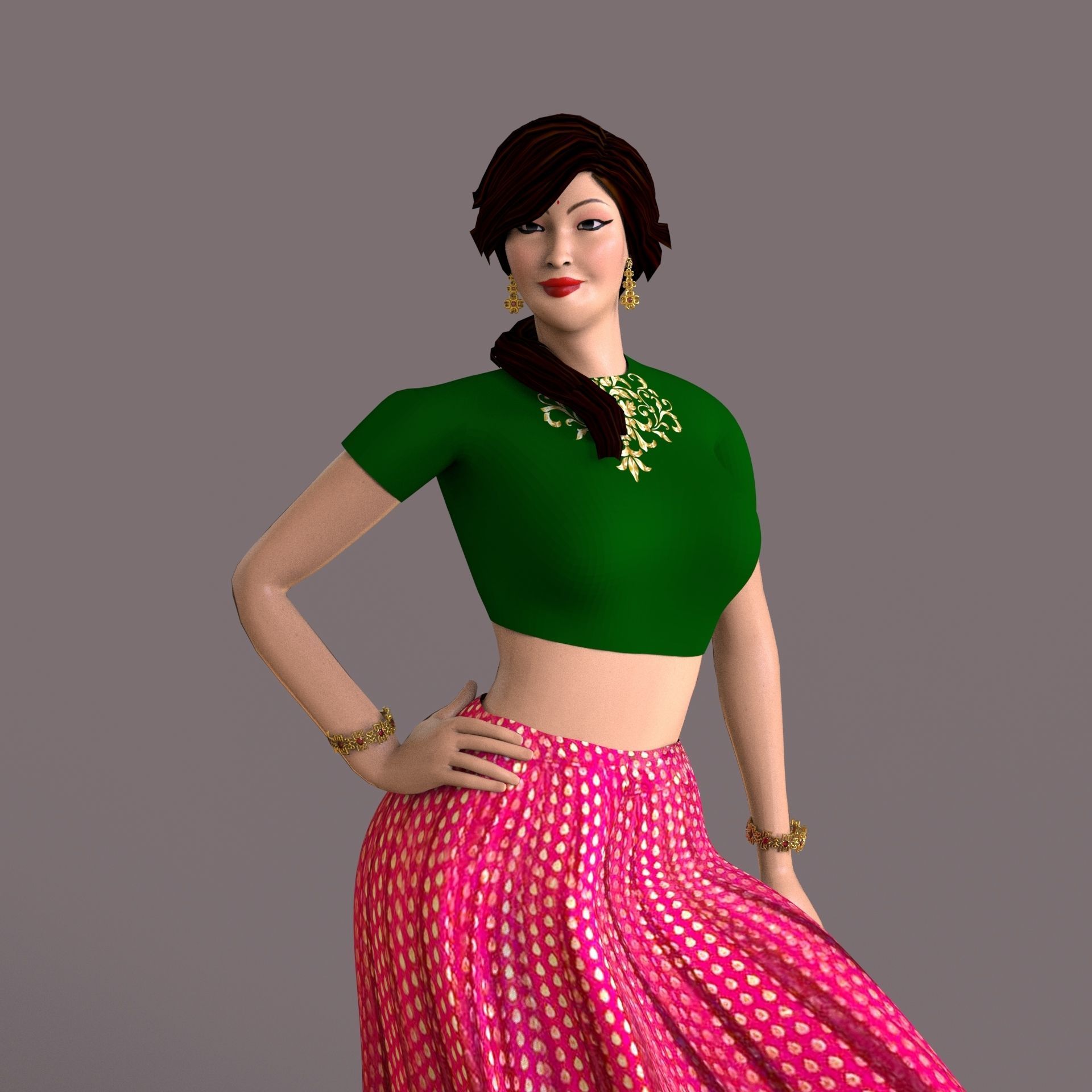 Indian Dress Women rigged Low-poly 3D model_1