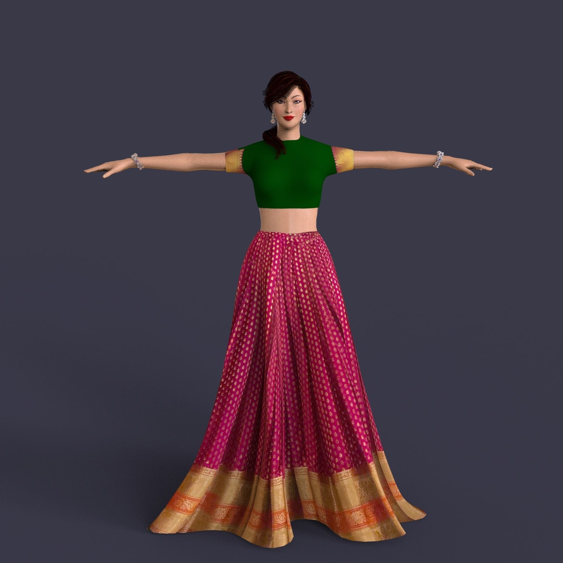 Indian Dress Women rigged Low-poly 3D model_2