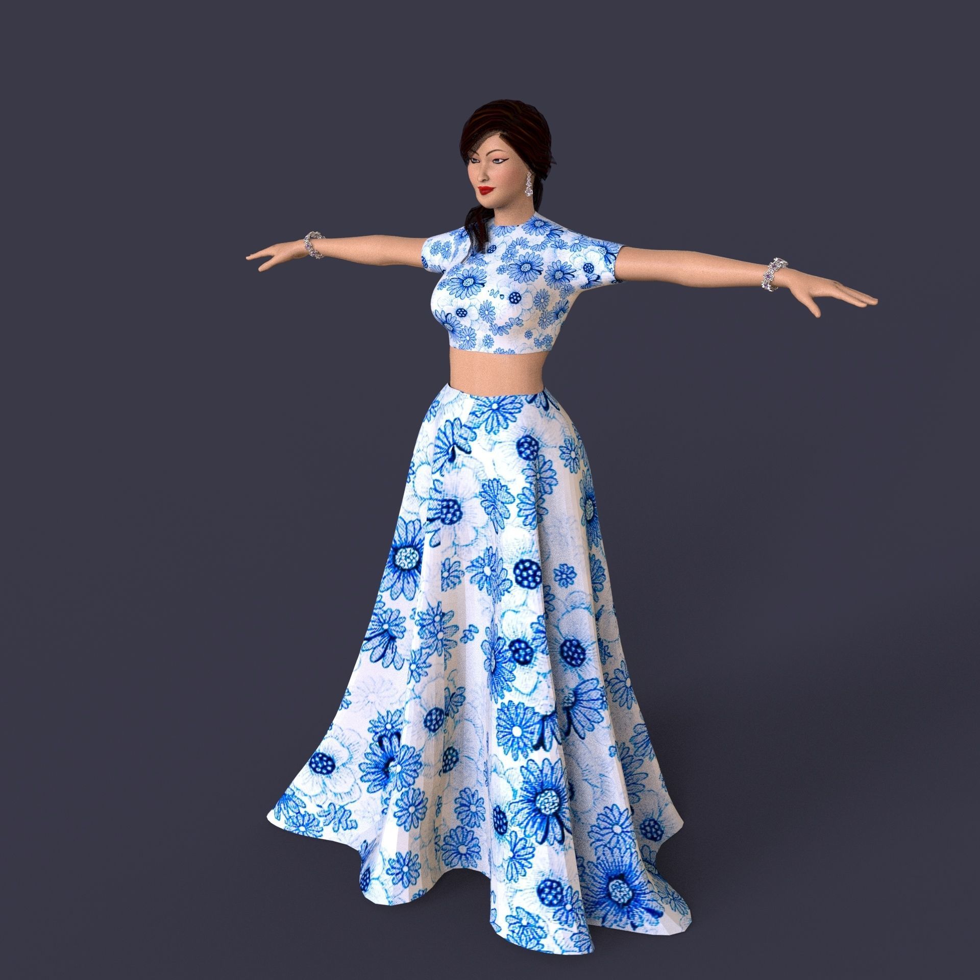 Indian Dress Women Rigged  Low-poly 3D model_4