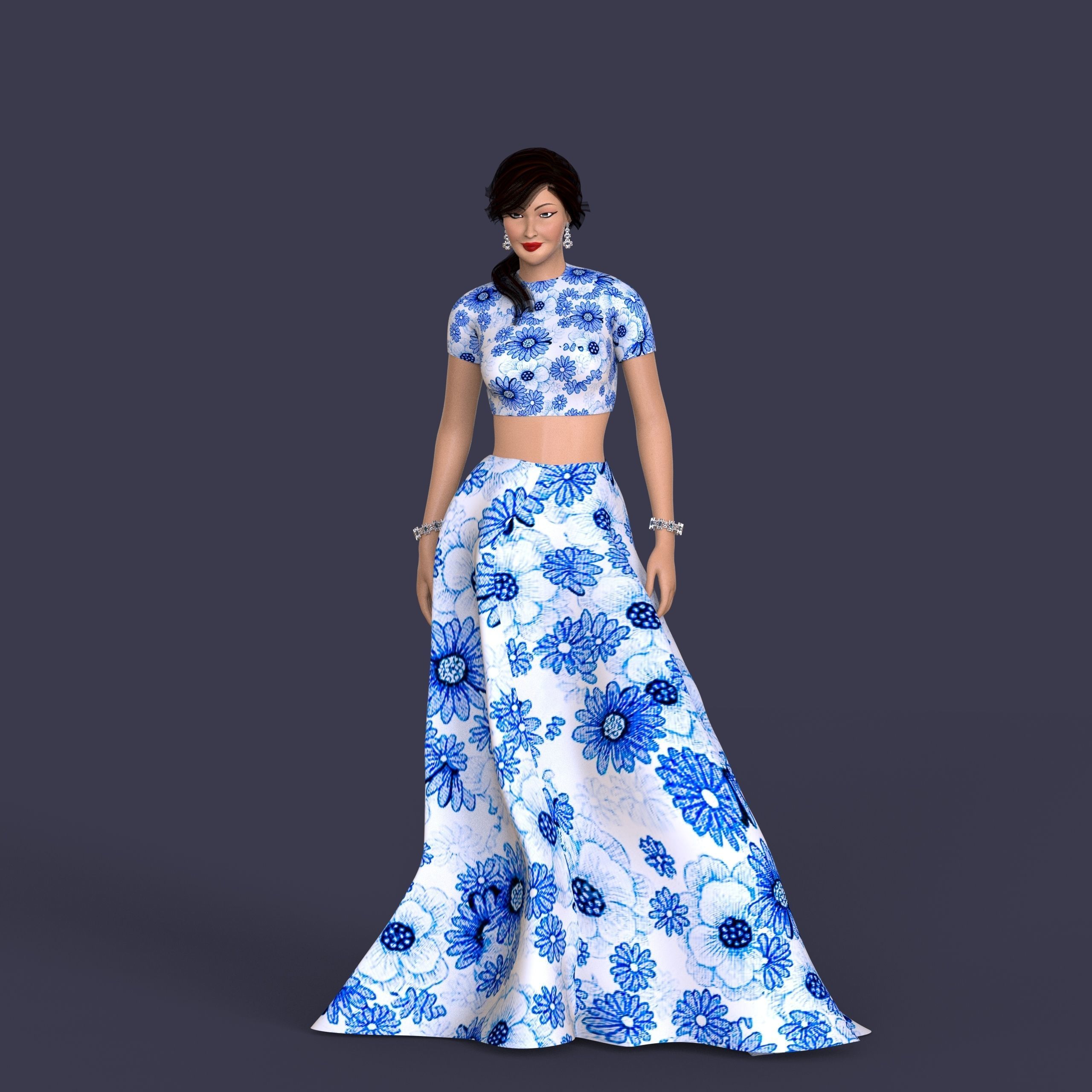 Indian Dress Women Rigged  Low-poly 3D model_1