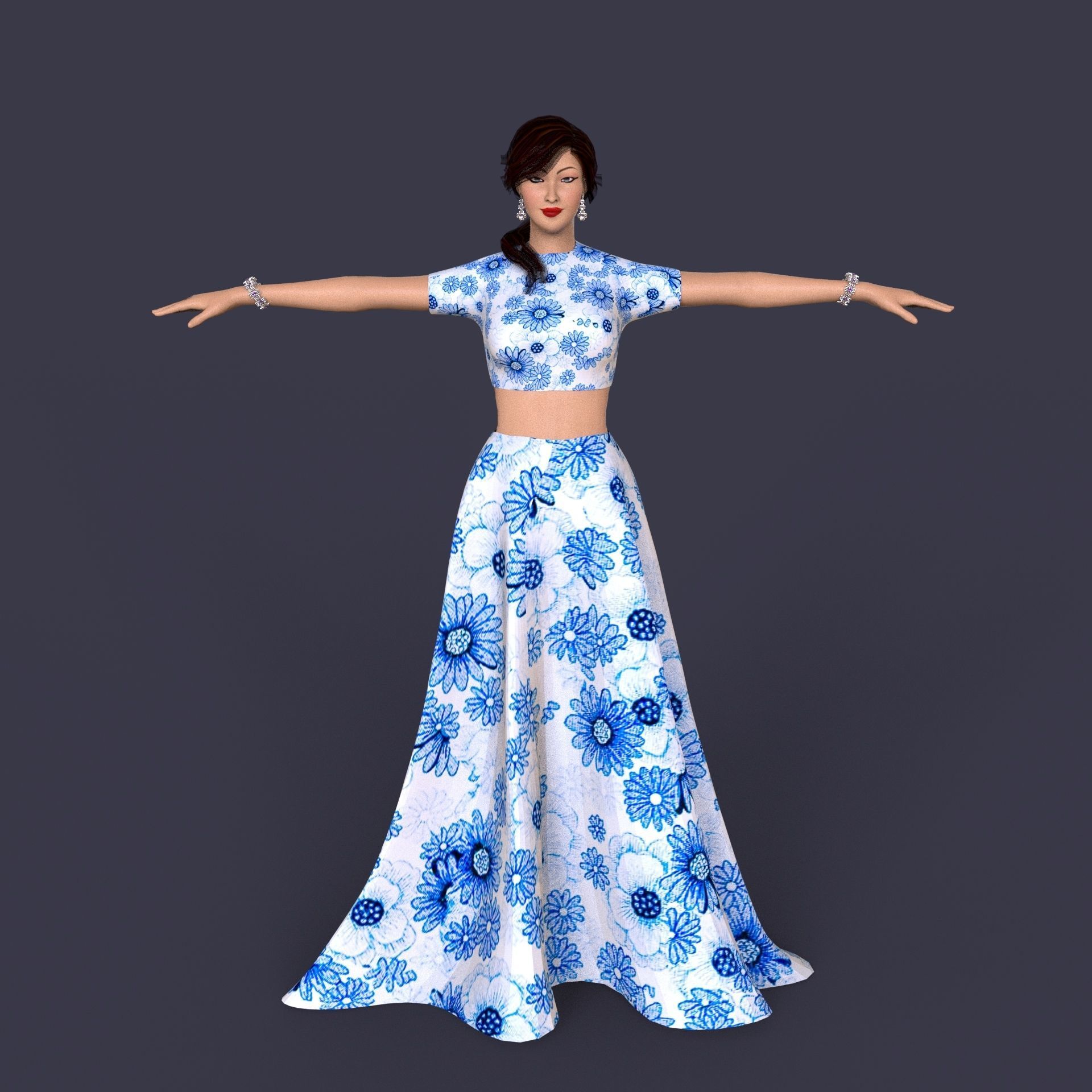 Indian Dress Women Rigged  Low-poly 3D model_3