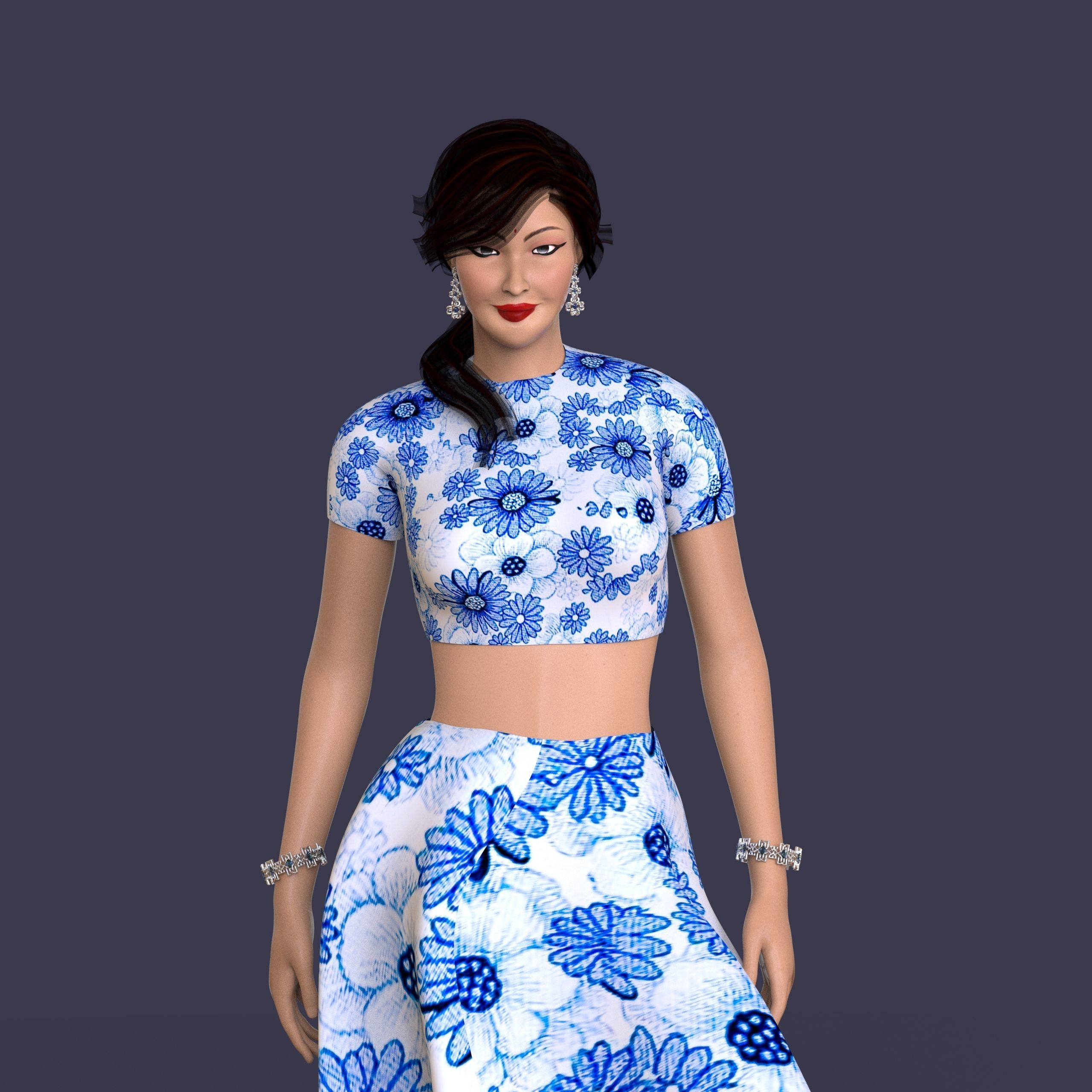 Indian Dress Women Rigged  Low-poly 3D model_2