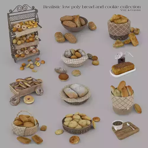 Realistic Low Poly Bread And Cookie Collection Low-poly 3D model