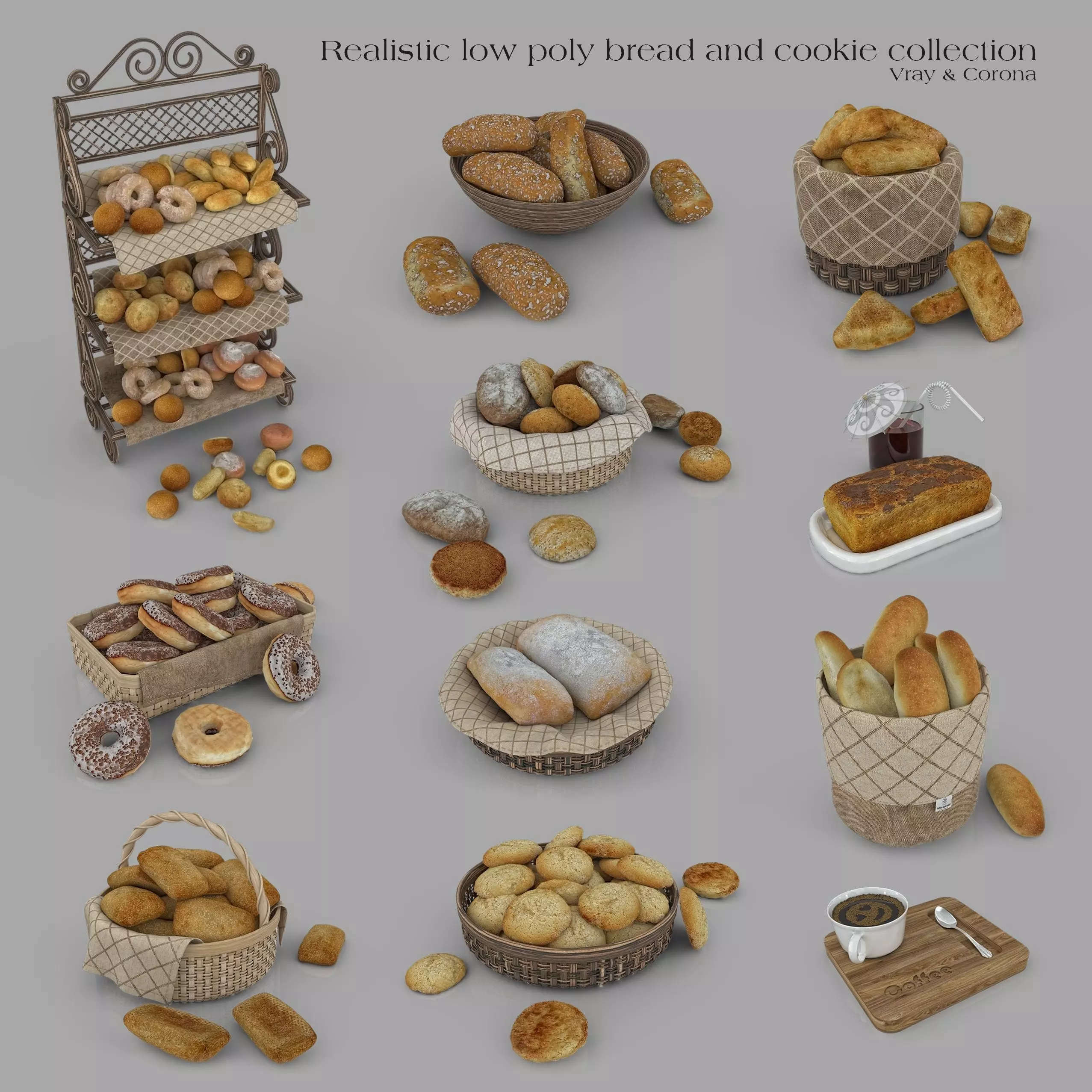 Realistic Low Poly Bread And Cookie Collection Low-poly 3D model_0
