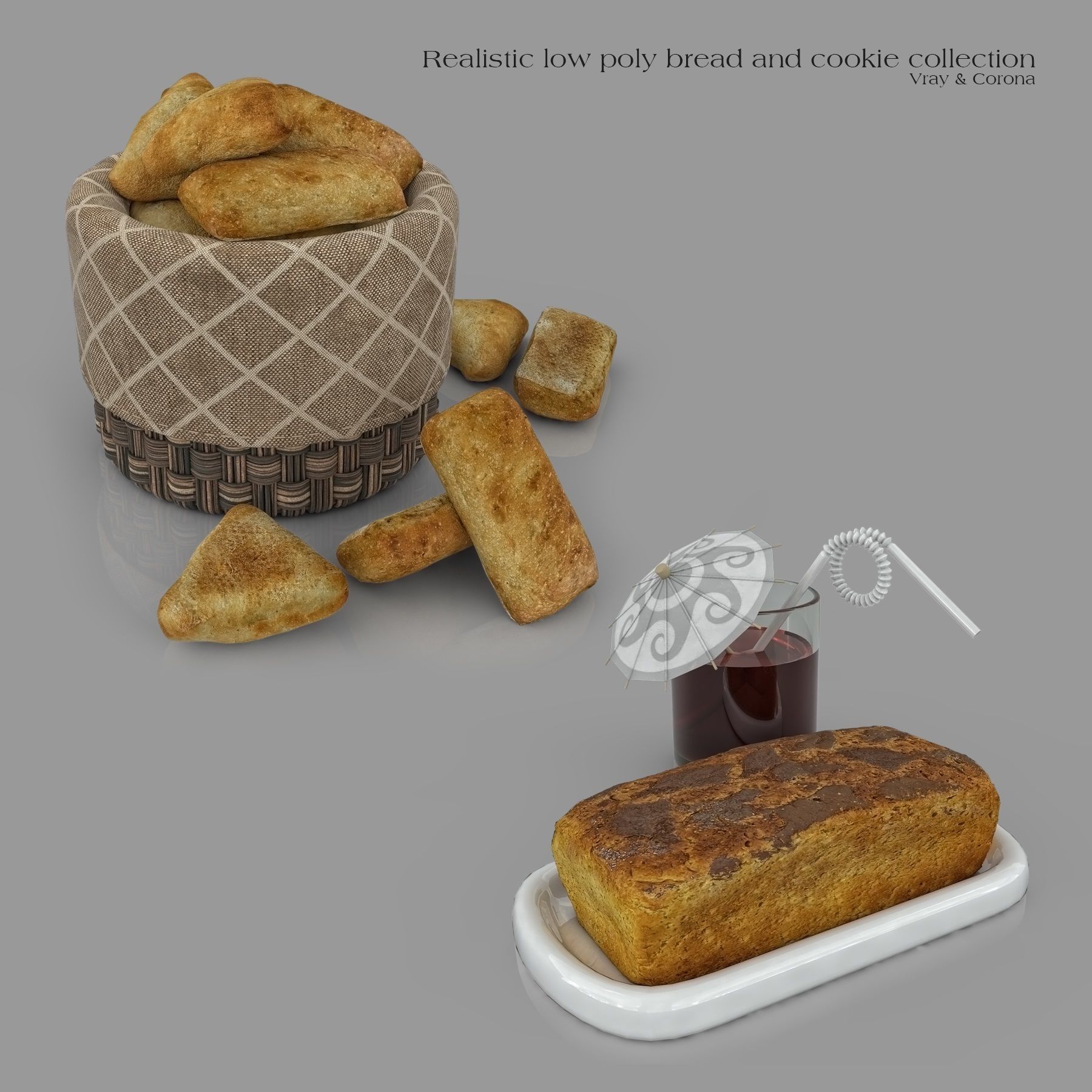 Realistic Low Poly Bread And Cookie Collection Low-poly 3D model_1