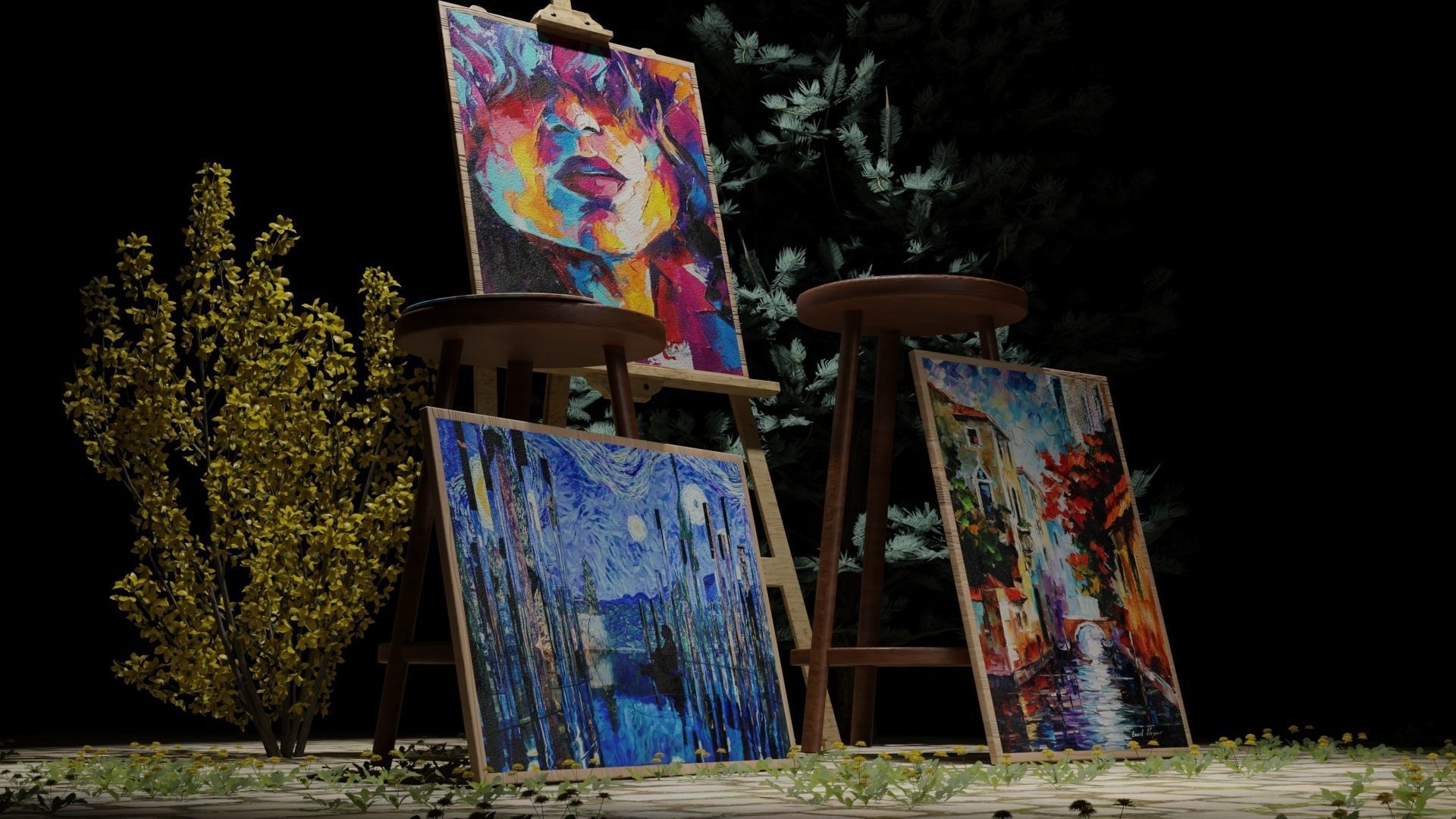 Carved Wood Easel and Painting Set 3D model 3D model_2