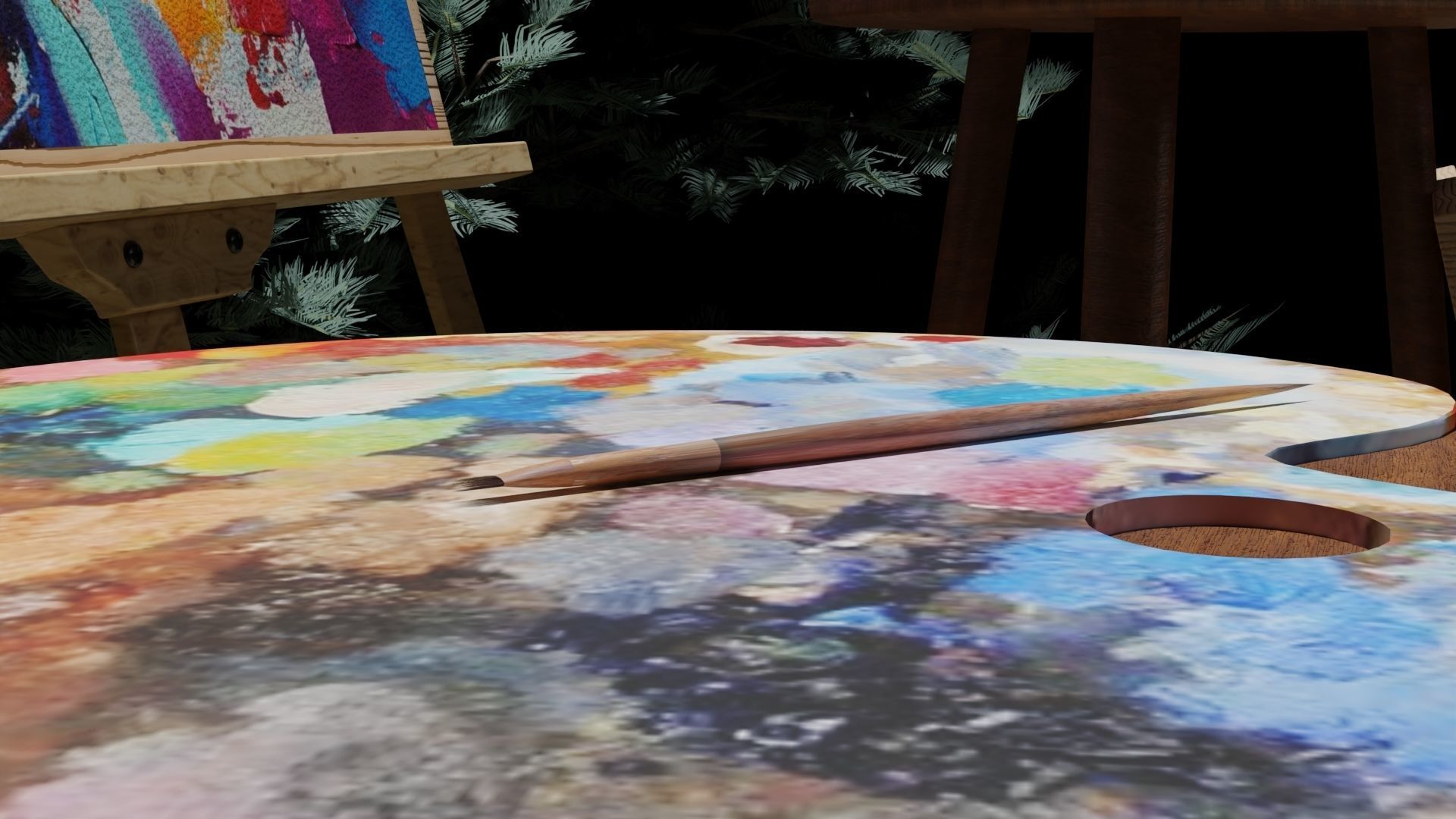 Carved Wood Easel and Painting Set 3D model 3D model_1