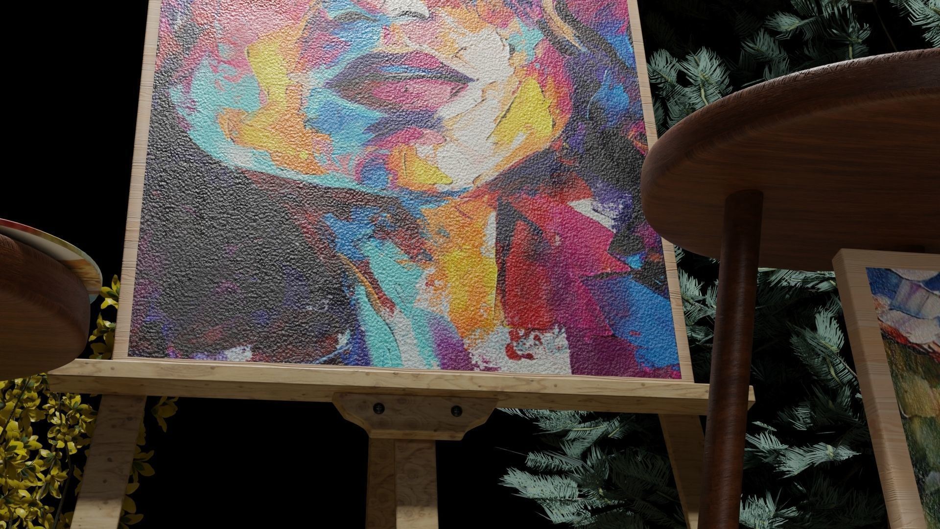 Carved Wood Easel and Painting Set 3D model 3D model_5