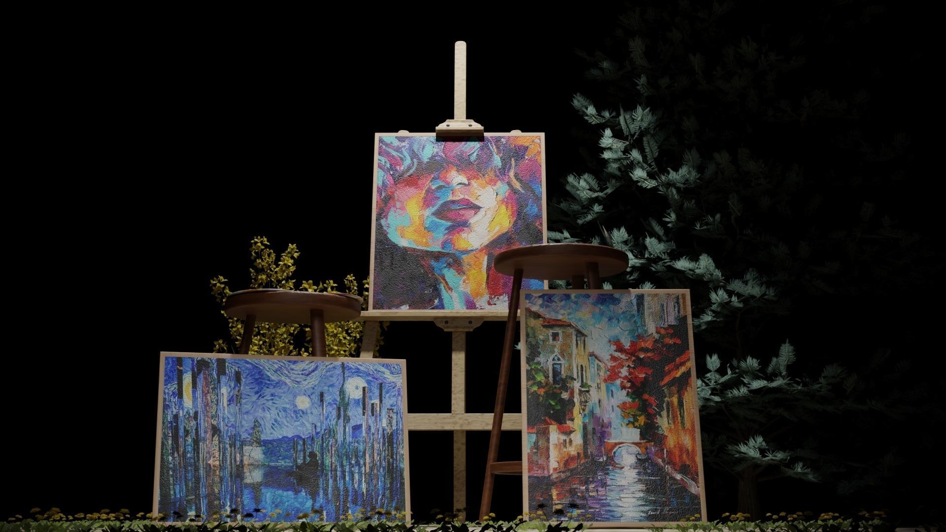 Carved Wood Easel and Painting Set 3D model 3D model_7