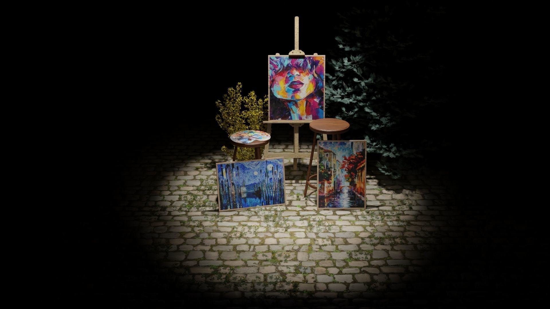 Carved Wood Easel and Painting Set 3D model 3D model_3