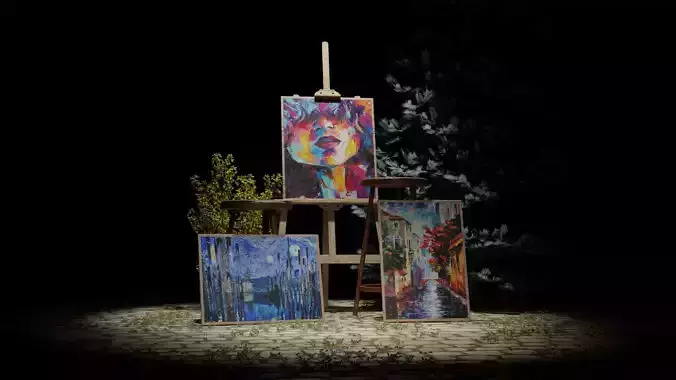 Carved Wood Easel and Painting Set 3D model