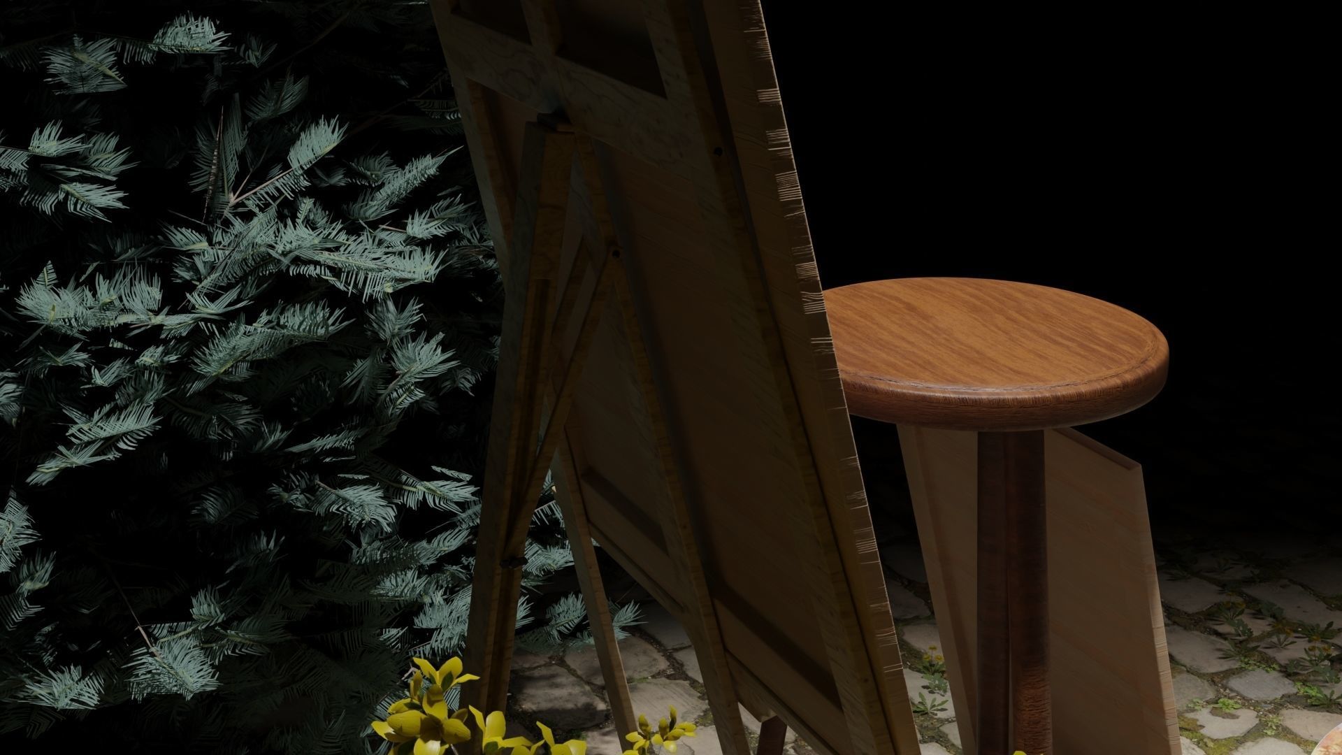 Carved Wood Easel and Painting Set 3D model 3D model_6