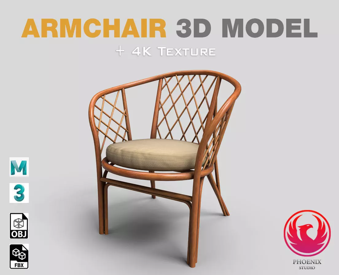 Armchair low poly 3D Model rattan chair Low-poly 3D model_0