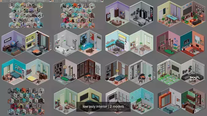 low poly interior house with different rooms and furniture 3D Model Collection