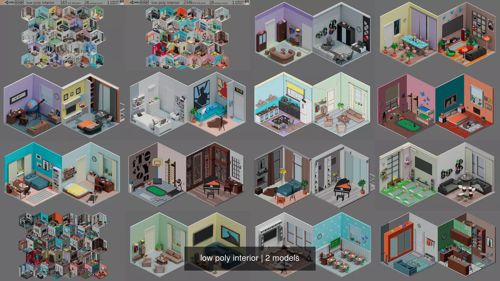 low poly interior house with different rooms and furniture 3D Model Collection_0