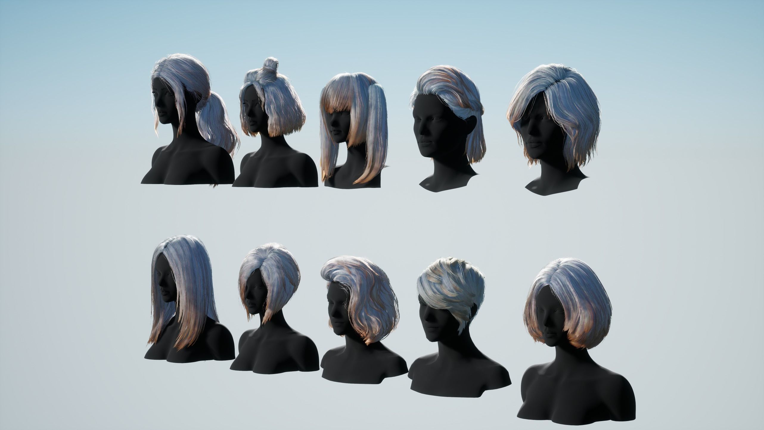 Hairstyle pack x10 pieces Real-Time cards Rigging Skining Low-poly 3D model_10