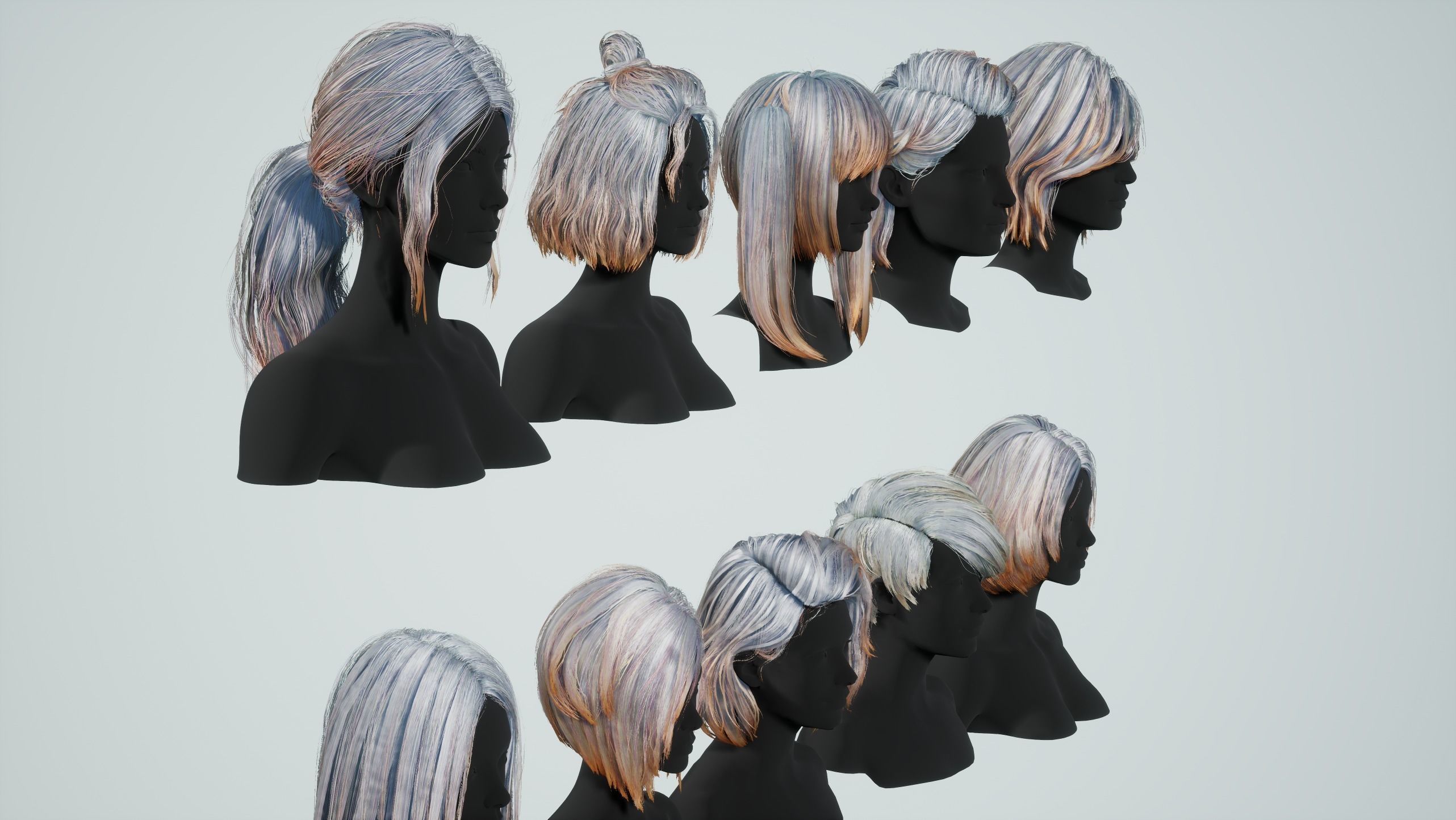 Hairstyle pack x10 pieces Real-Time cards Rigging Skining Low-poly 3D model_9