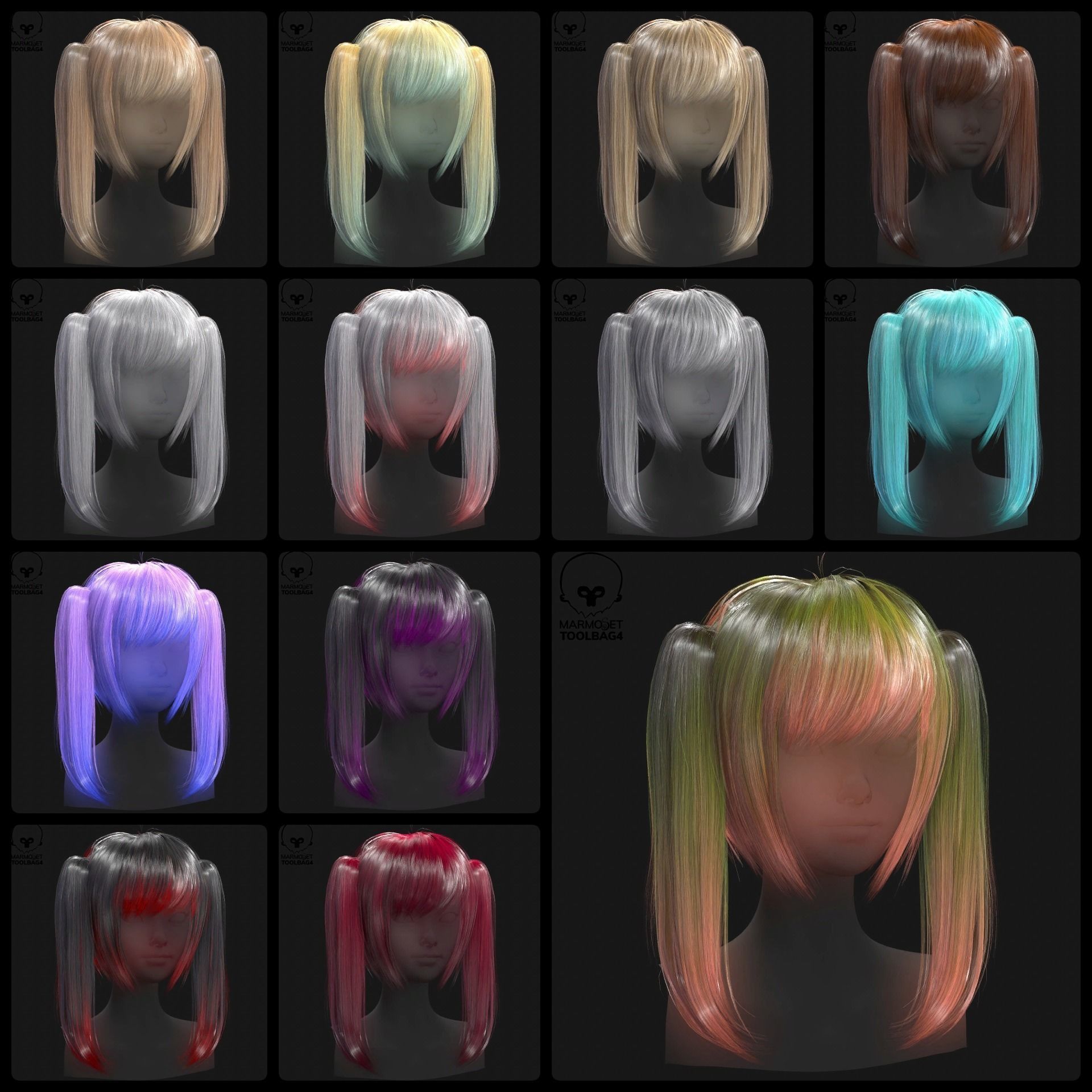 Hairstyle pack x10 pieces Real-Time cards Rigging Skining Low-poly 3D model_24