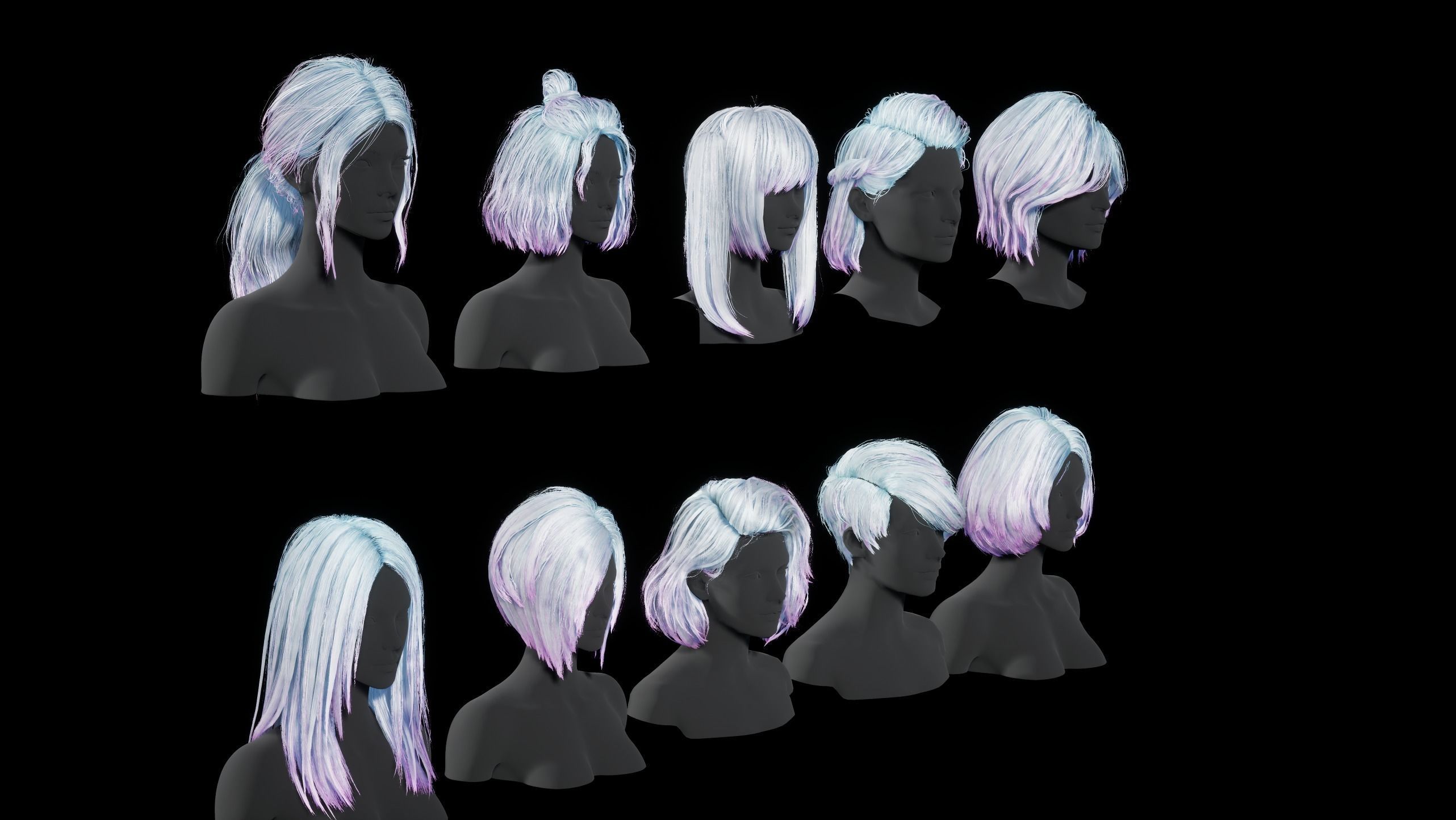 Hairstyle pack x10 pieces Real-Time cards Rigging Skining Low-poly 3D model_4