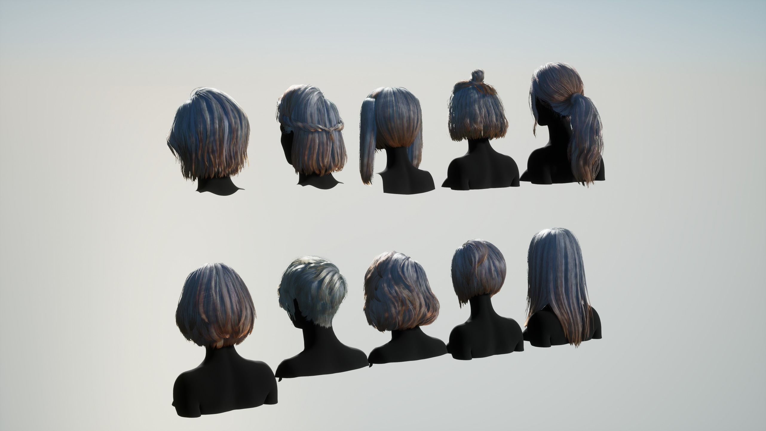 Hairstyle pack x10 pieces Real-Time cards Rigging Skining Low-poly 3D model_14