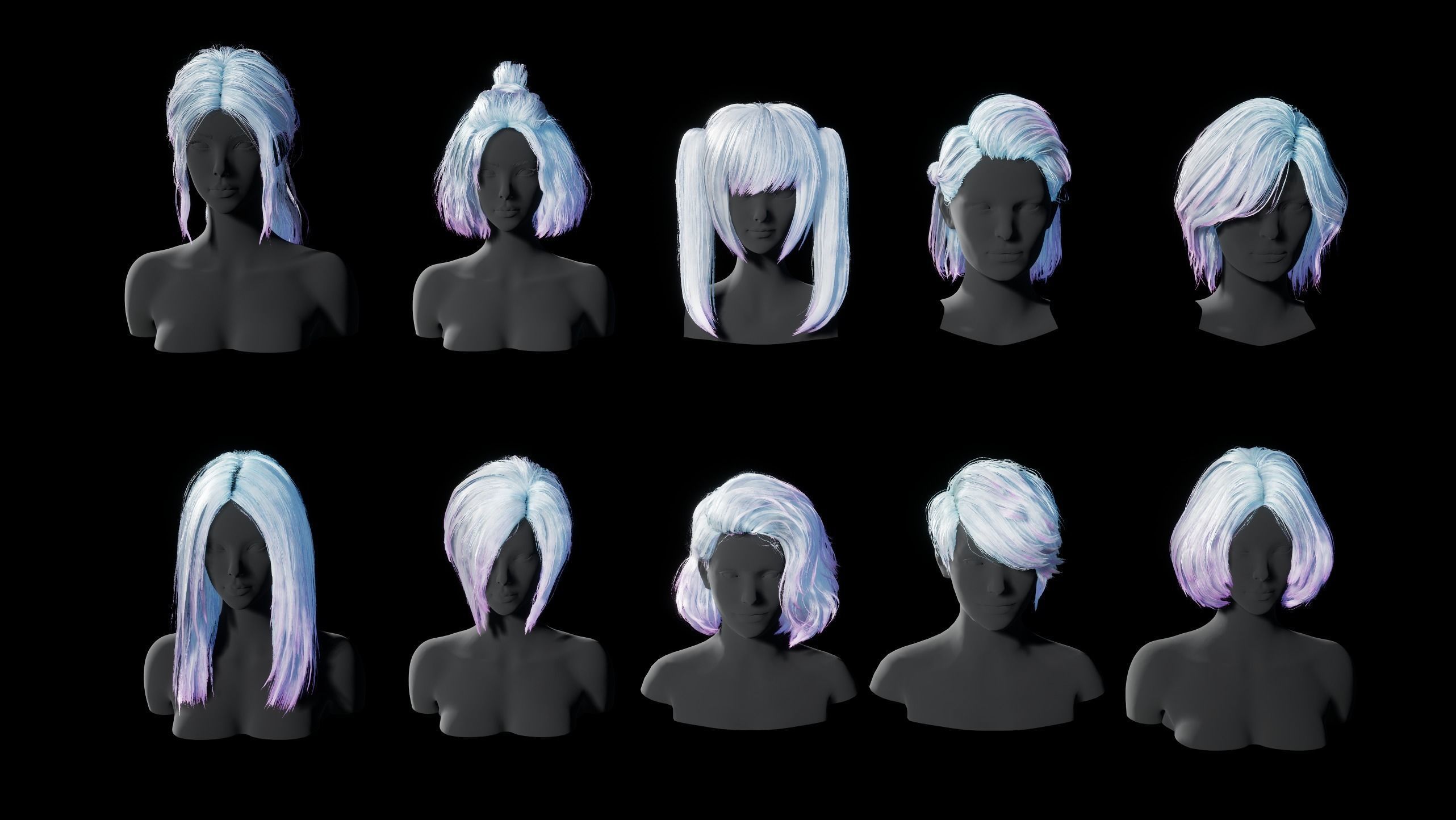 Hairstyle pack x10 pieces Real-Time cards Rigging Skining Low-poly 3D model_2