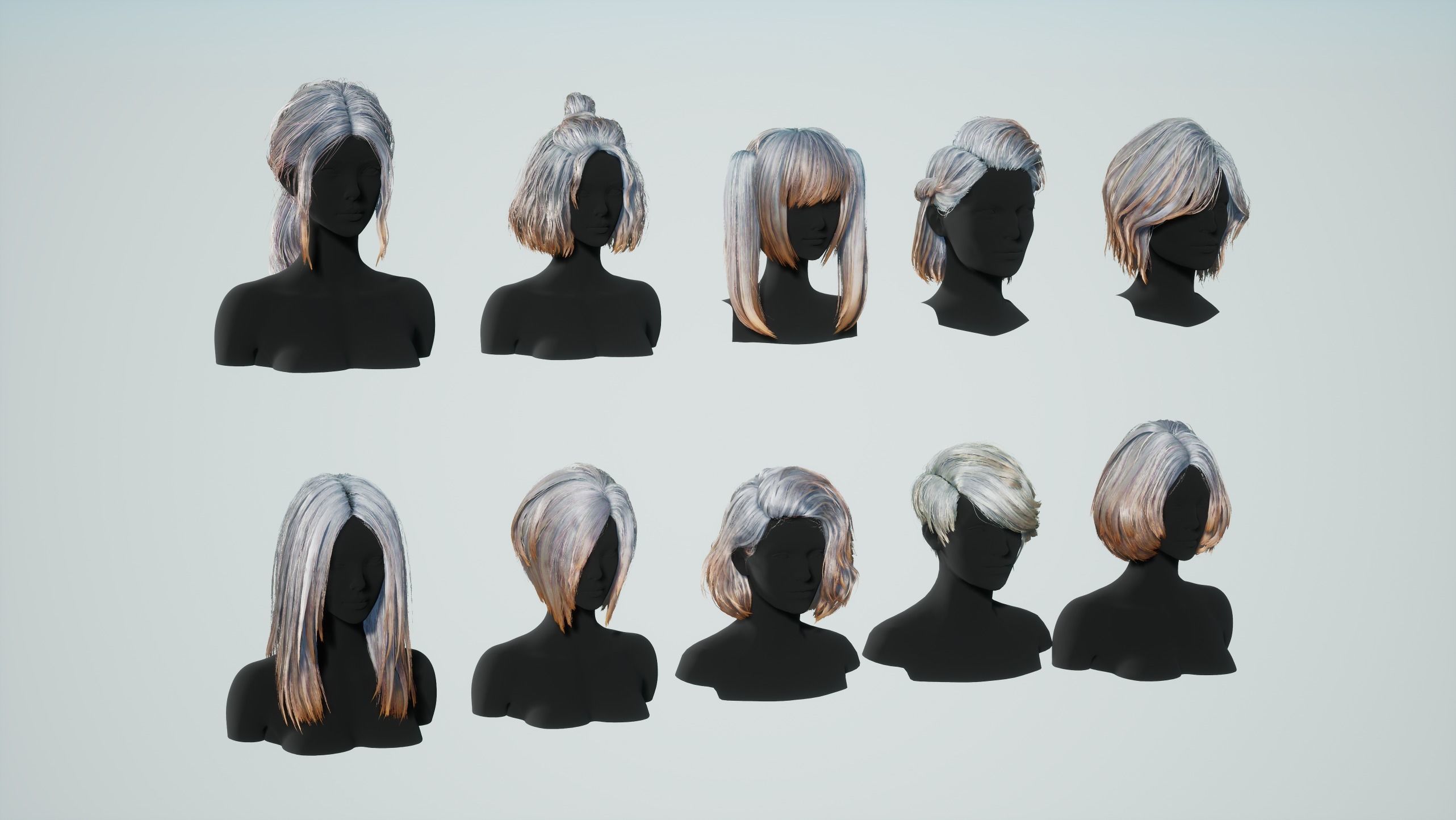 Hairstyle pack x10 pieces Real-Time cards Rigging Skining Low-poly 3D model_11