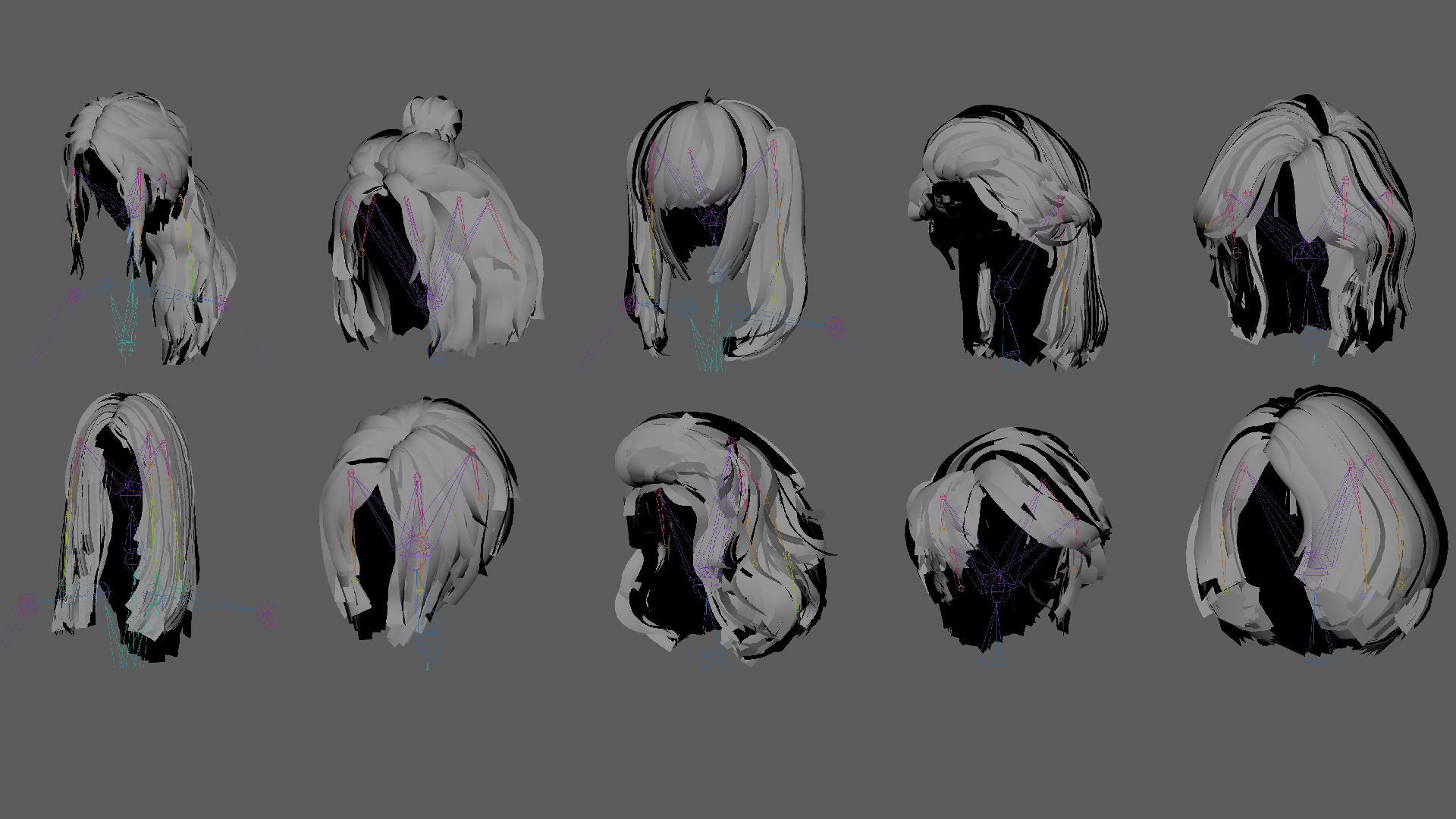 Hairstyle pack x10 pieces Real-Time cards Rigging Skining Low-poly 3D model_53