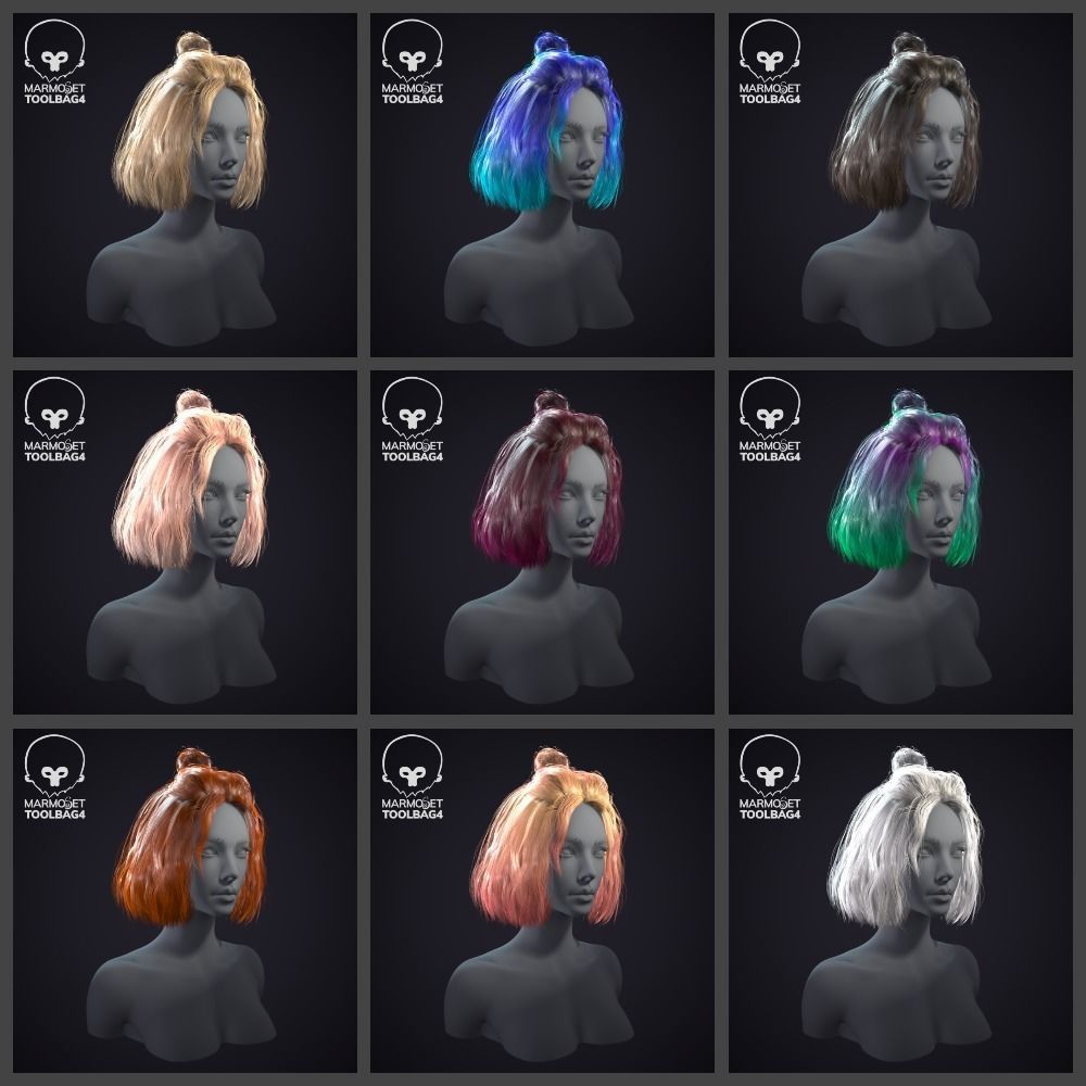 Hairstyle pack x10 pieces Real-Time cards Rigging Skining Low-poly 3D model_22