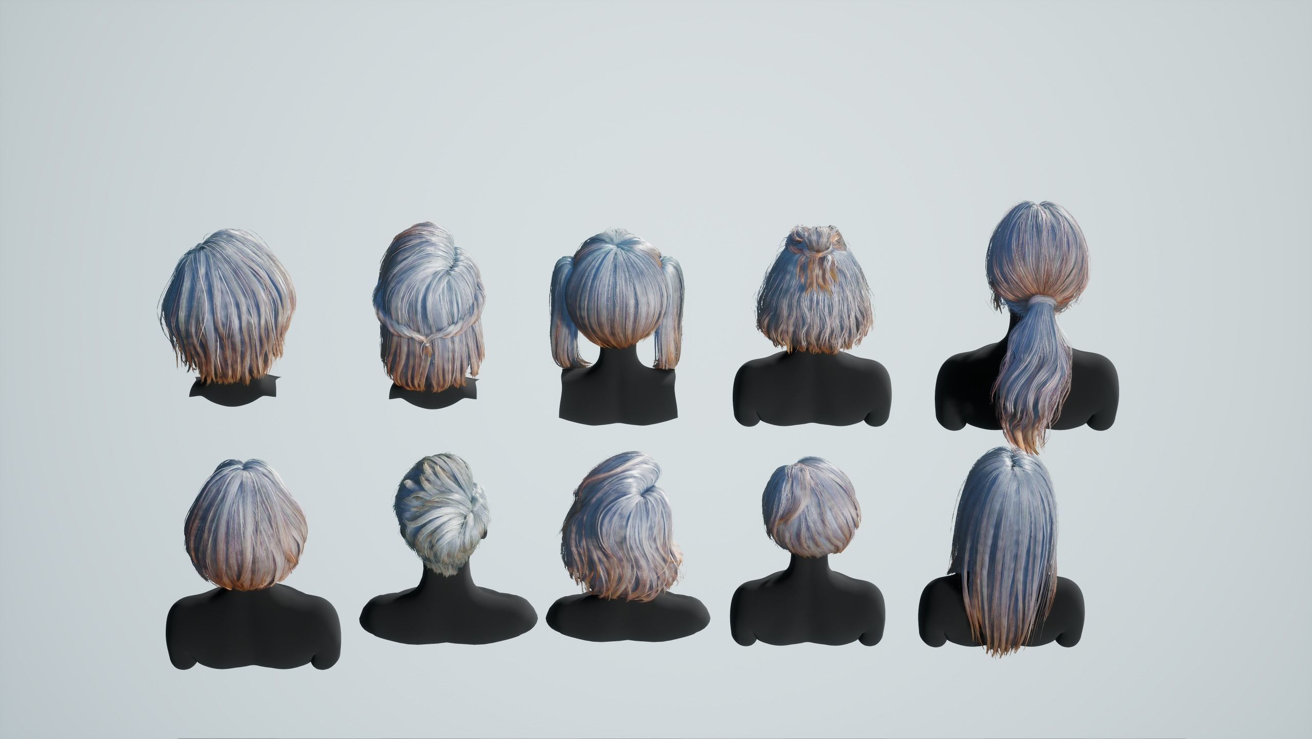 Hairstyle pack x10 pieces Real-Time cards Rigging Skining Low-poly 3D model_13