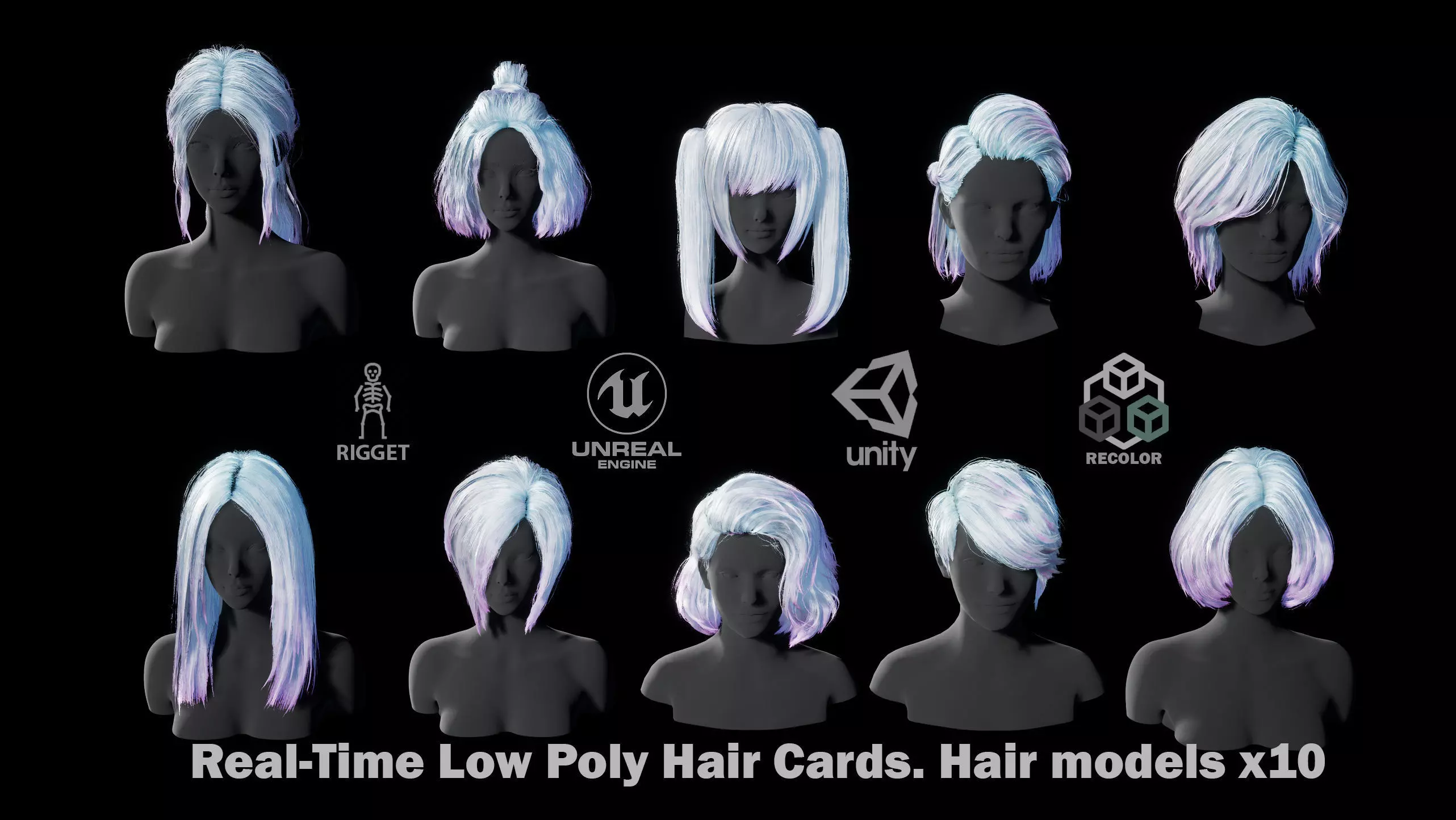 Hairstyle pack x10 pieces Real-Time cards Rigging Skining Low-poly 3D model_0