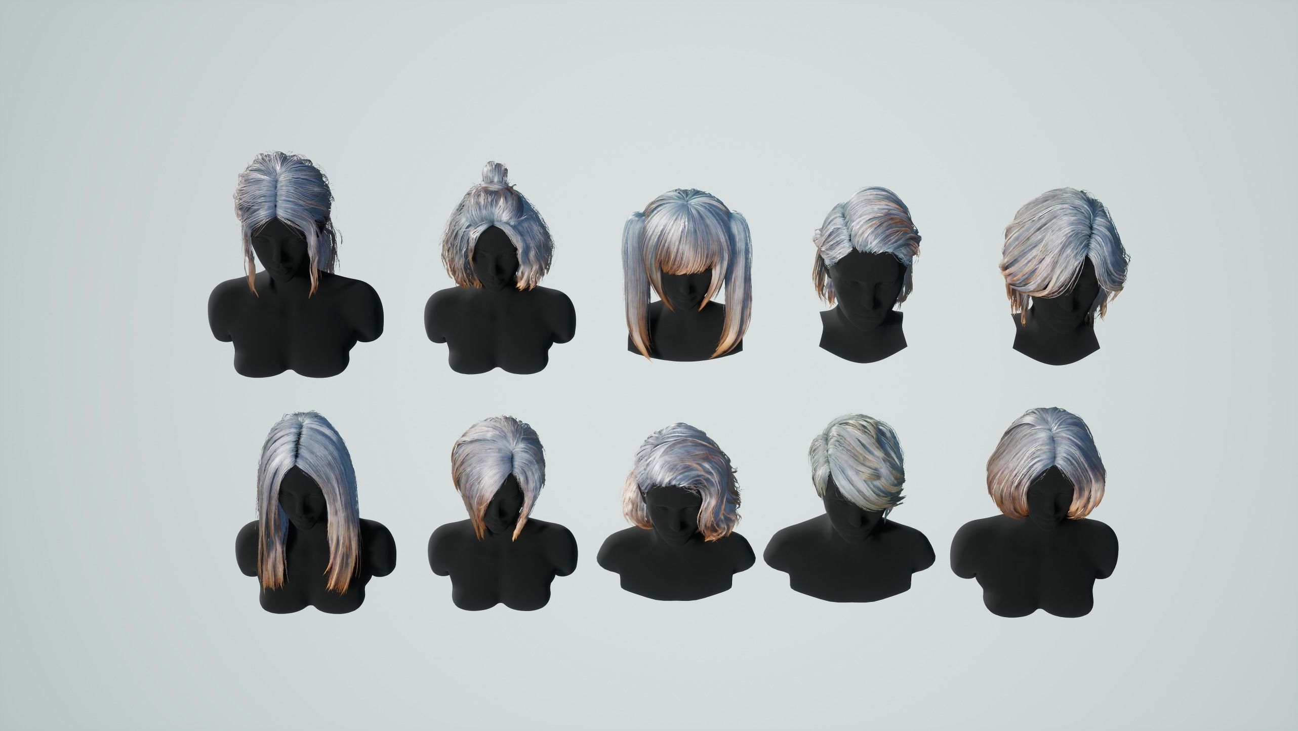 Hairstyle pack x10 pieces Real-Time cards Rigging Skining Low-poly 3D model_12