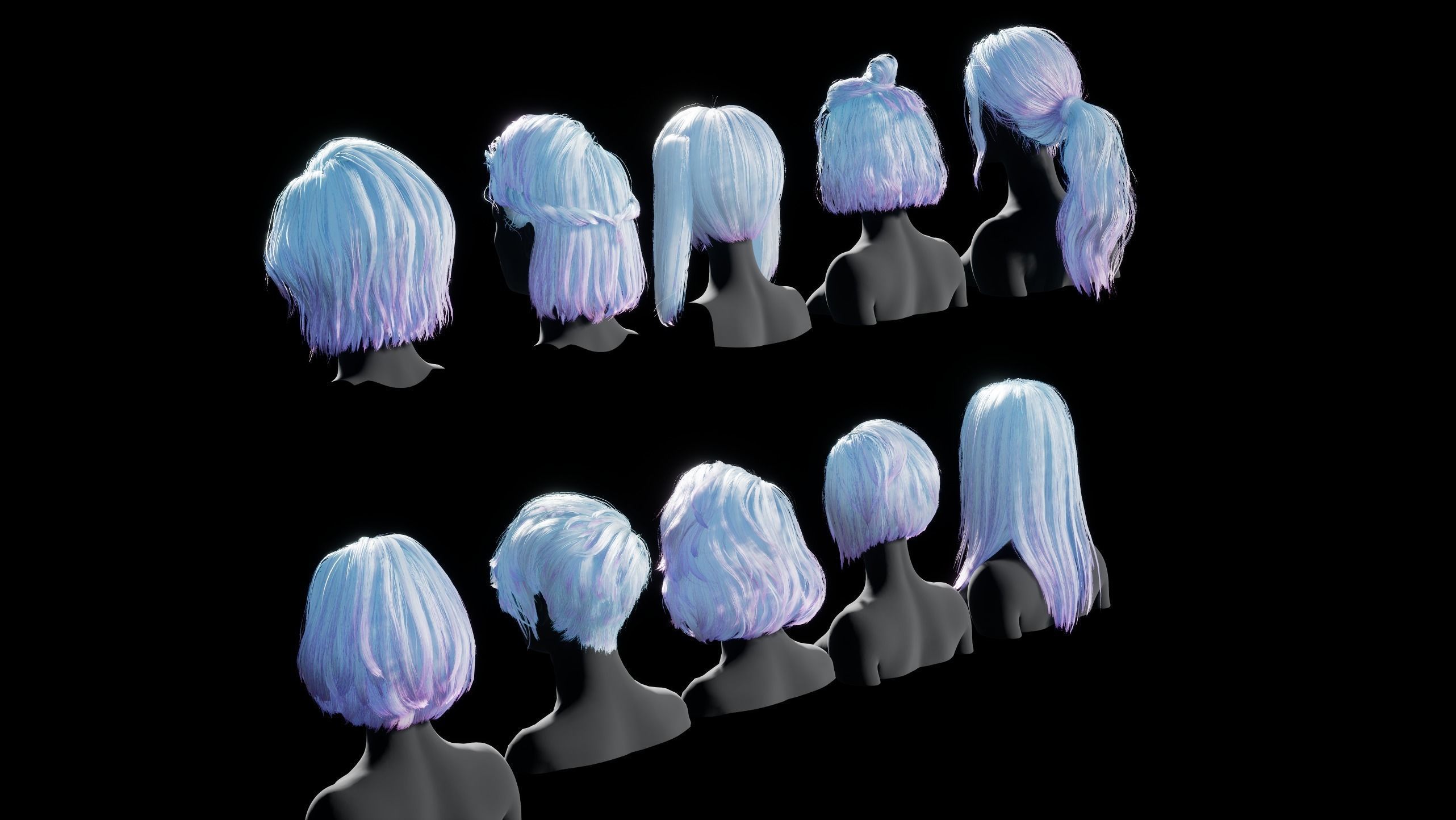 Hairstyle pack x10 pieces Real-Time cards Rigging Skining Low-poly 3D model_7