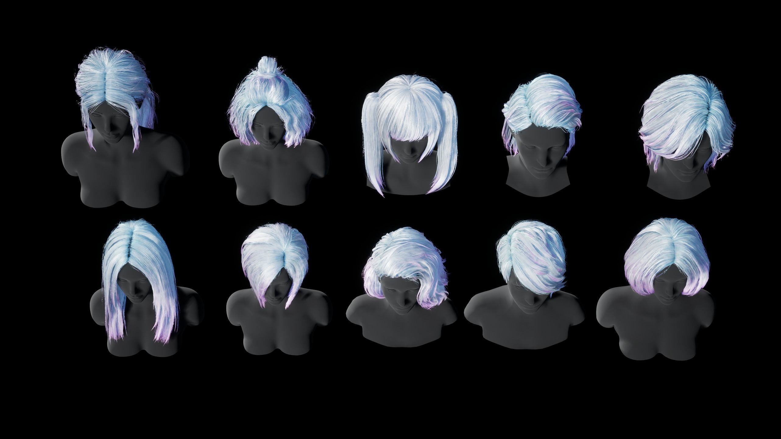 Hairstyle pack x10 pieces Real-Time cards Rigging Skining Low-poly 3D model_3