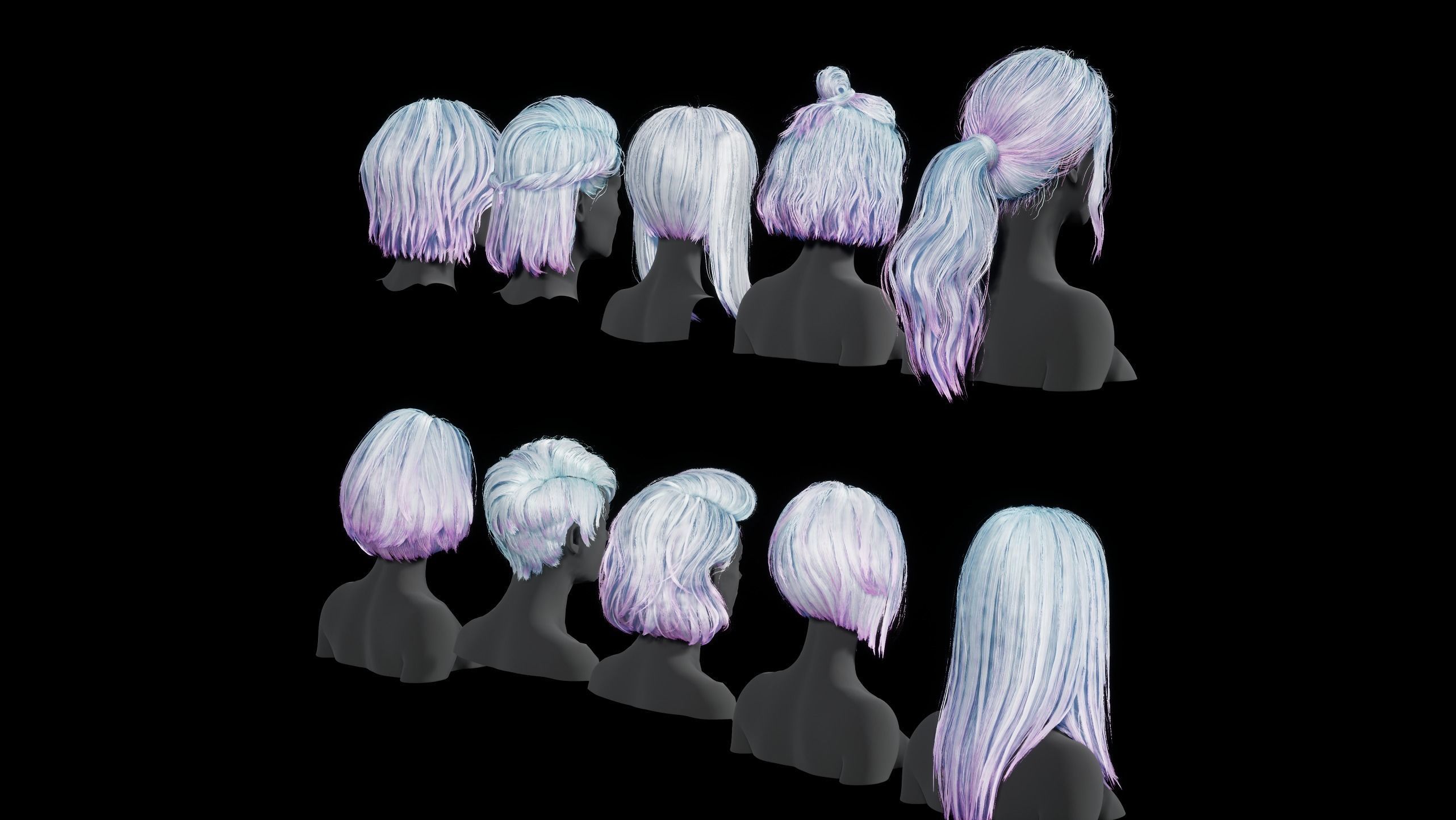 Hairstyle pack x10 pieces Real-Time cards Rigging Skining Low-poly 3D model_8